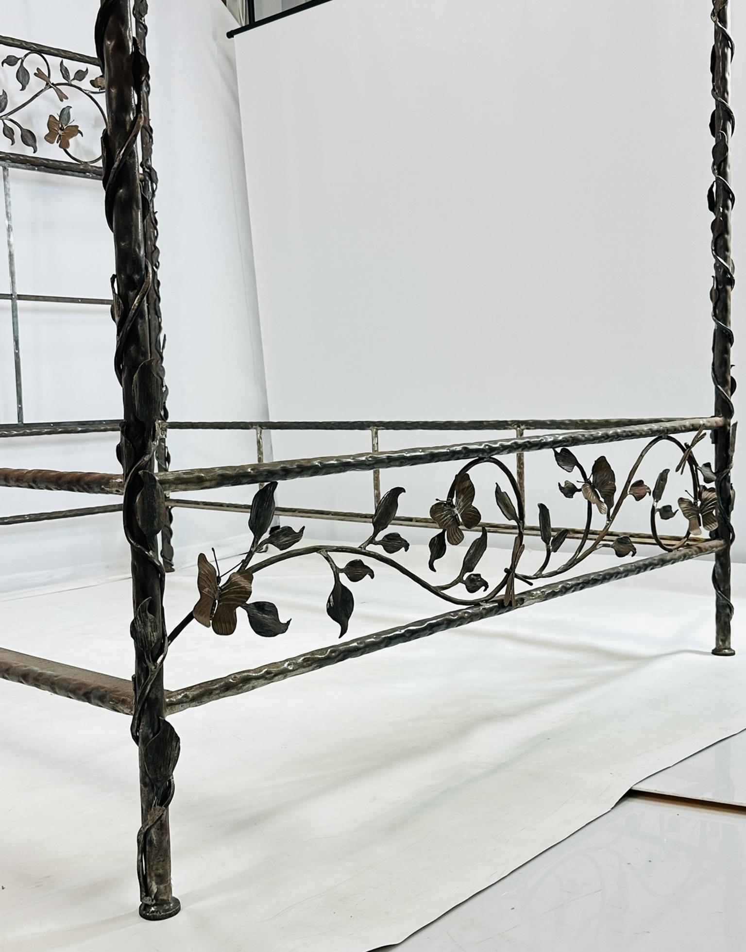 Hand-Crafted Wrought Iron Queen Size Poster Bed by Paul Ferrante For Sale