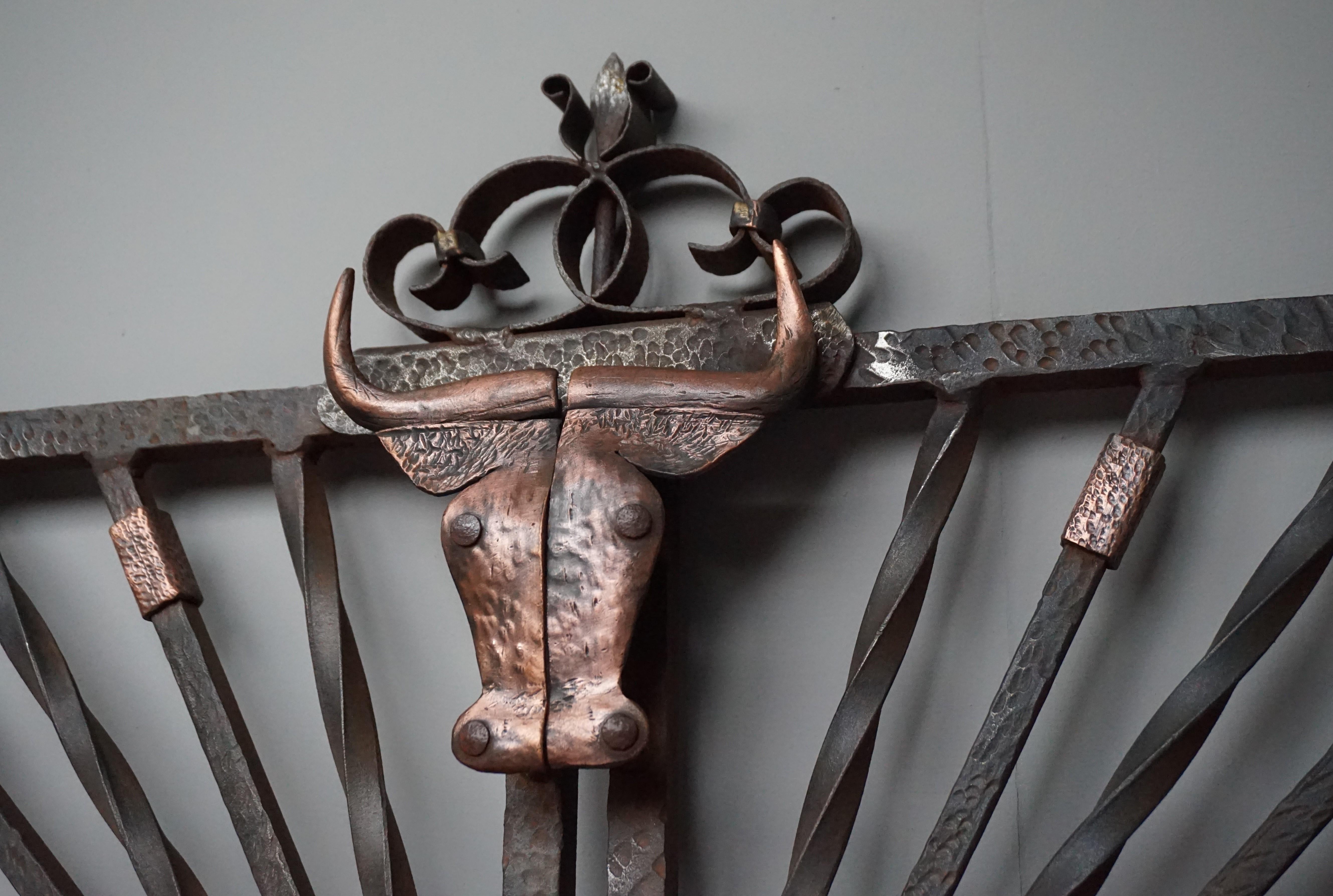 Wrought Iron Ranch Like Gate / Fence Window w. Stylized Brass Longhorn Sculpture 4