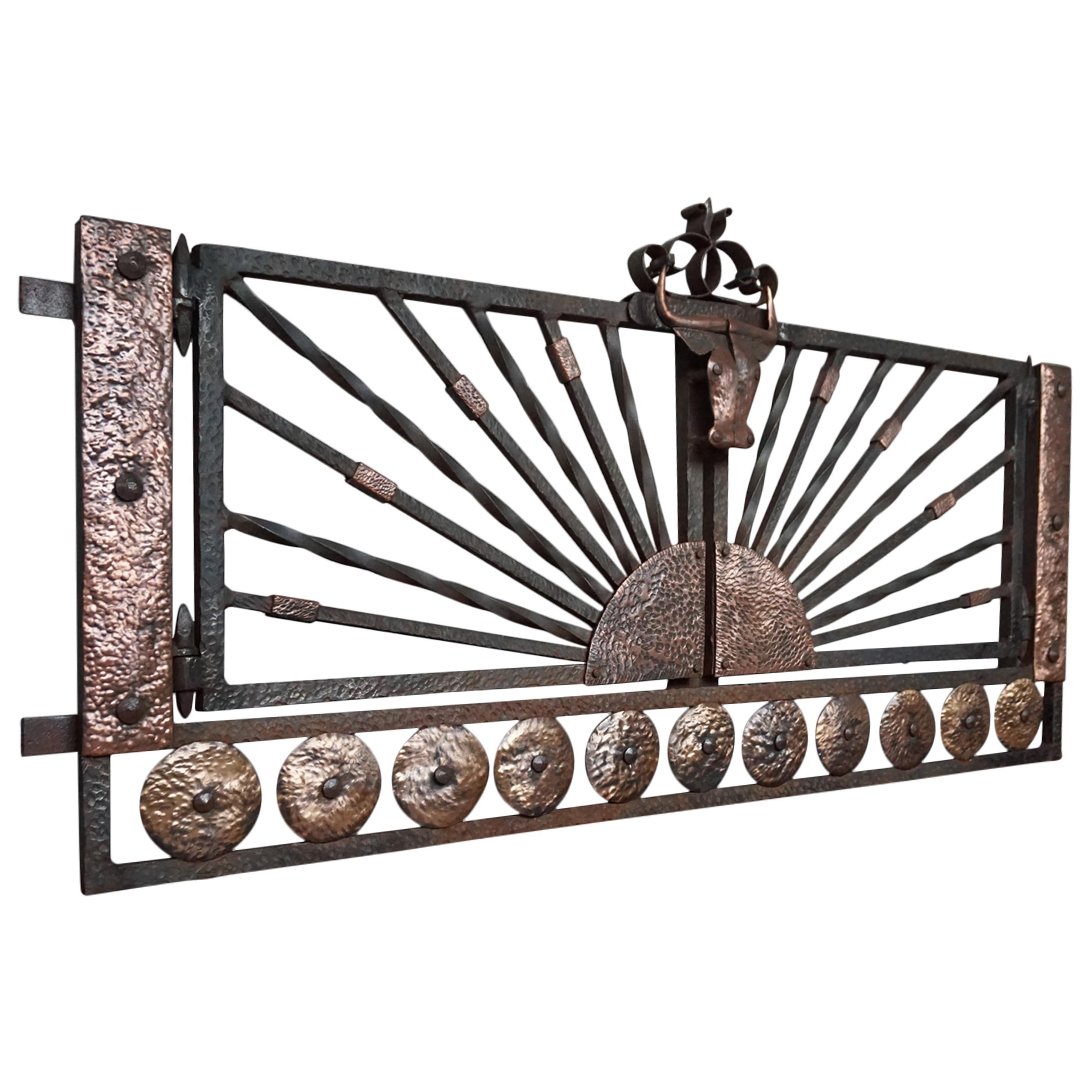 Wrought Iron Ranch Like Gate / Fence Window w. Stylized Brass Longhorn Sculpture