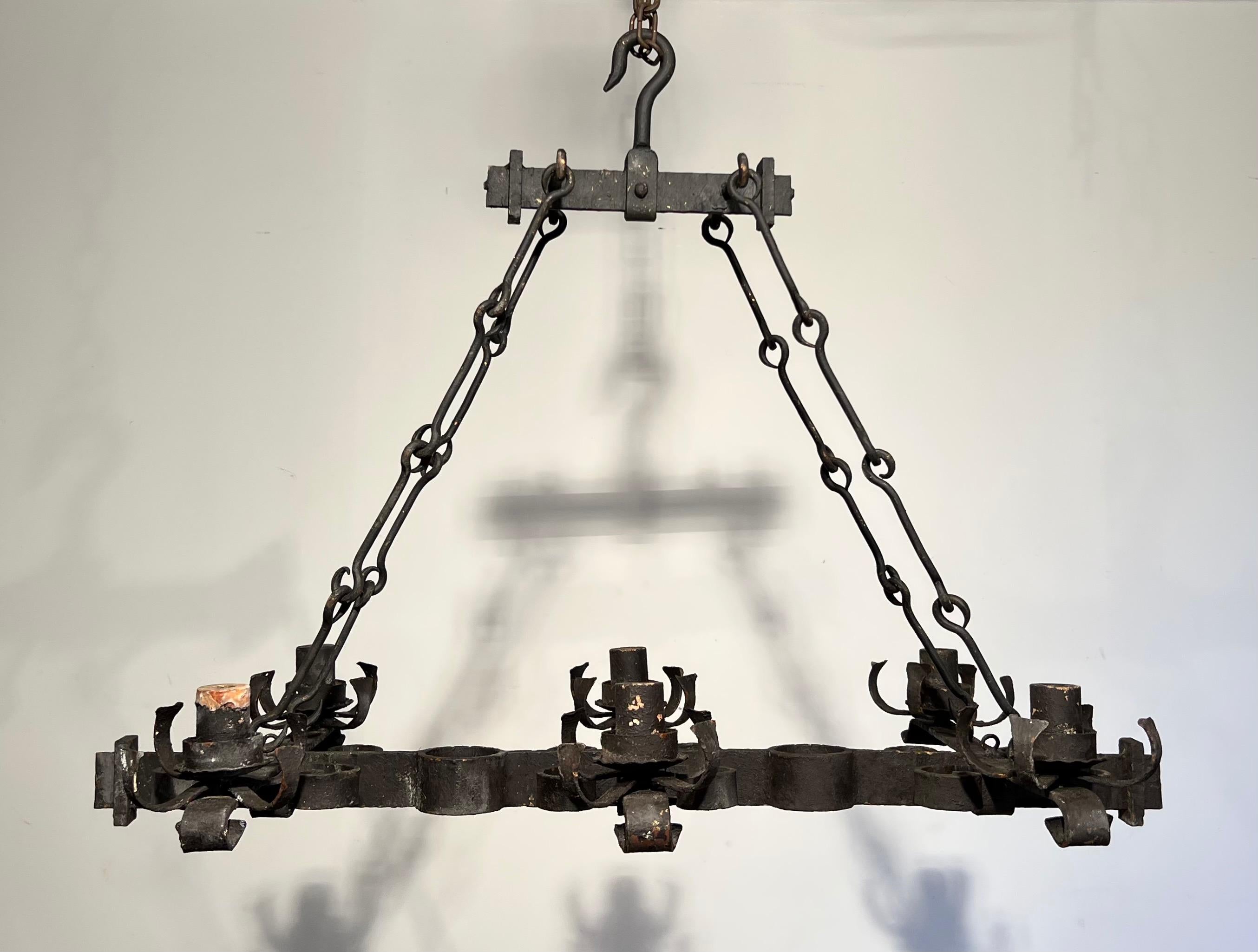 French Wrought Iron Rectangular Chandelier in the Gothic Style. Circa 1950