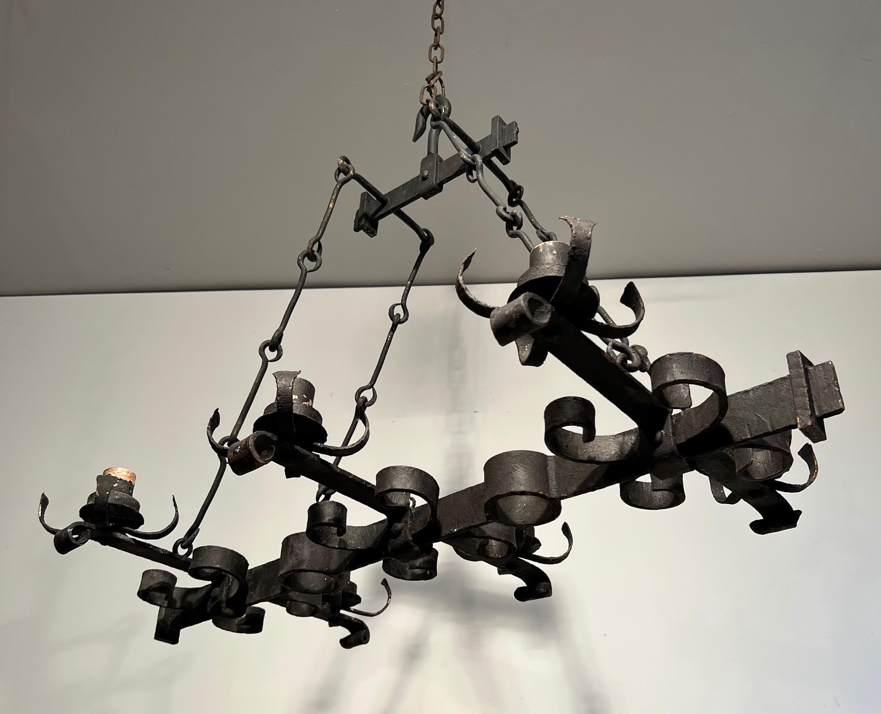 Mid-20th Century Wrought Iron Rectangular Chandelier in the Gothic Style. Circa 1950