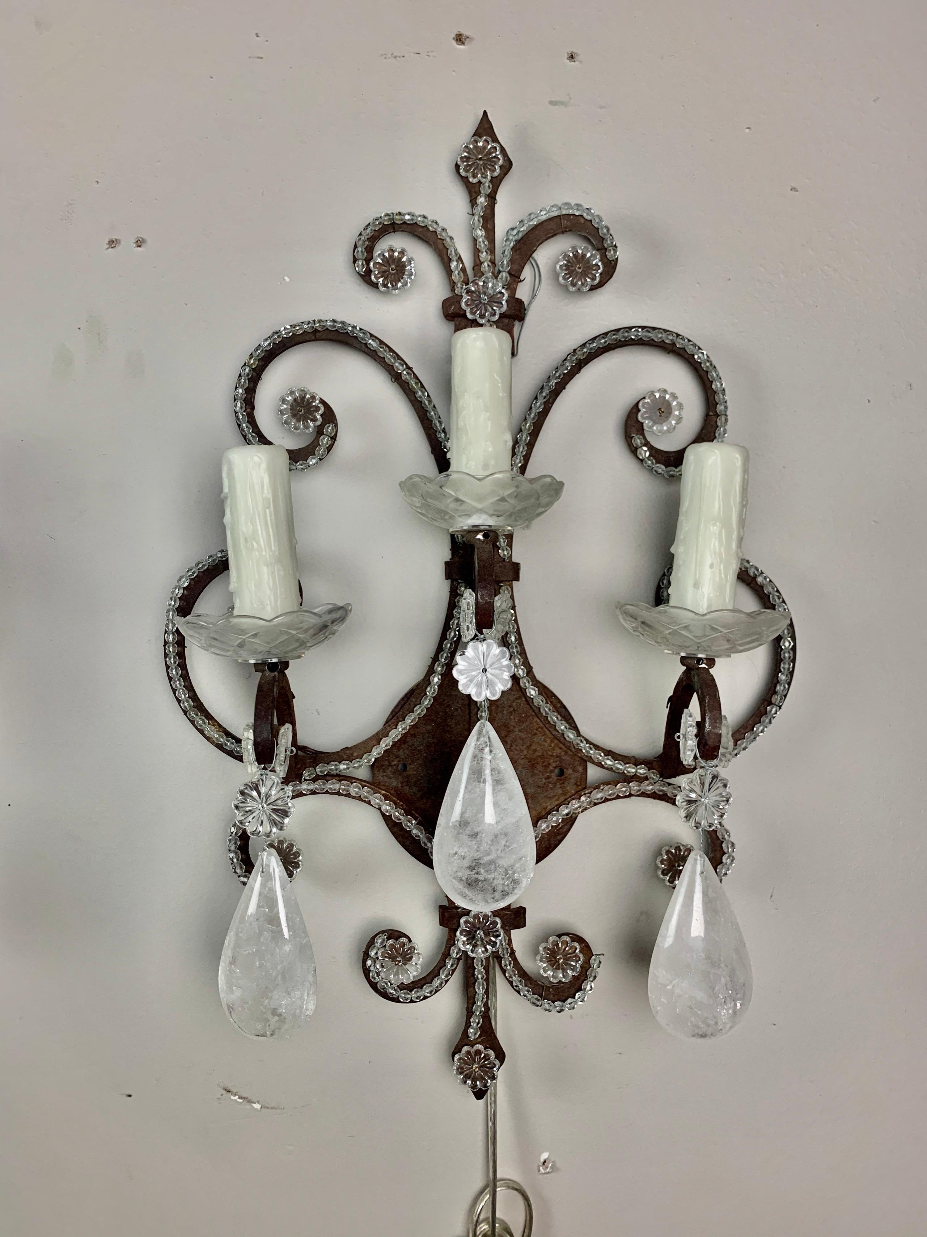 Baroque Wrought Iron Rock Crystal Sconces, Pair