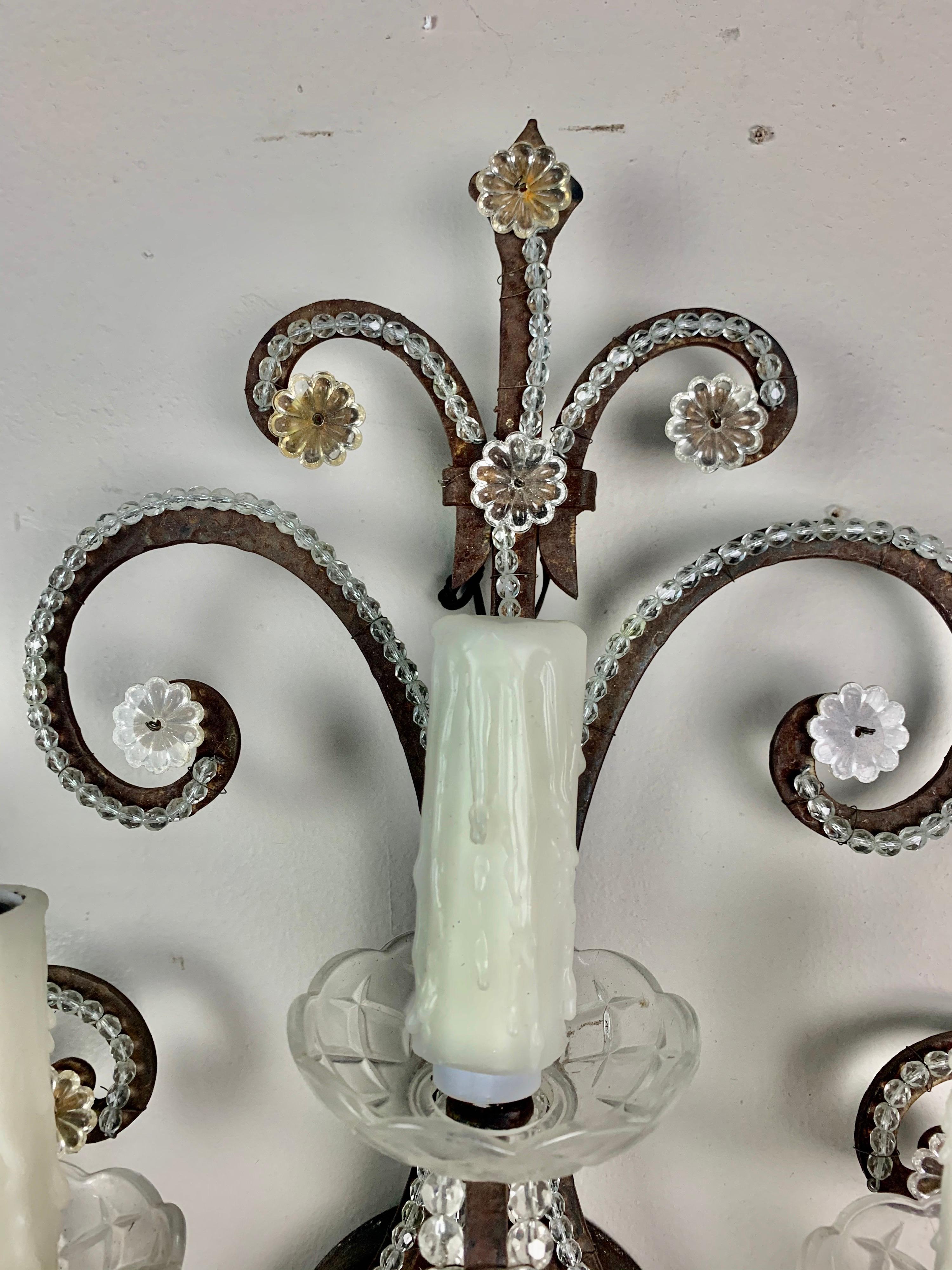 Unknown Wrought Iron Rock Crystal Sconces, Pair