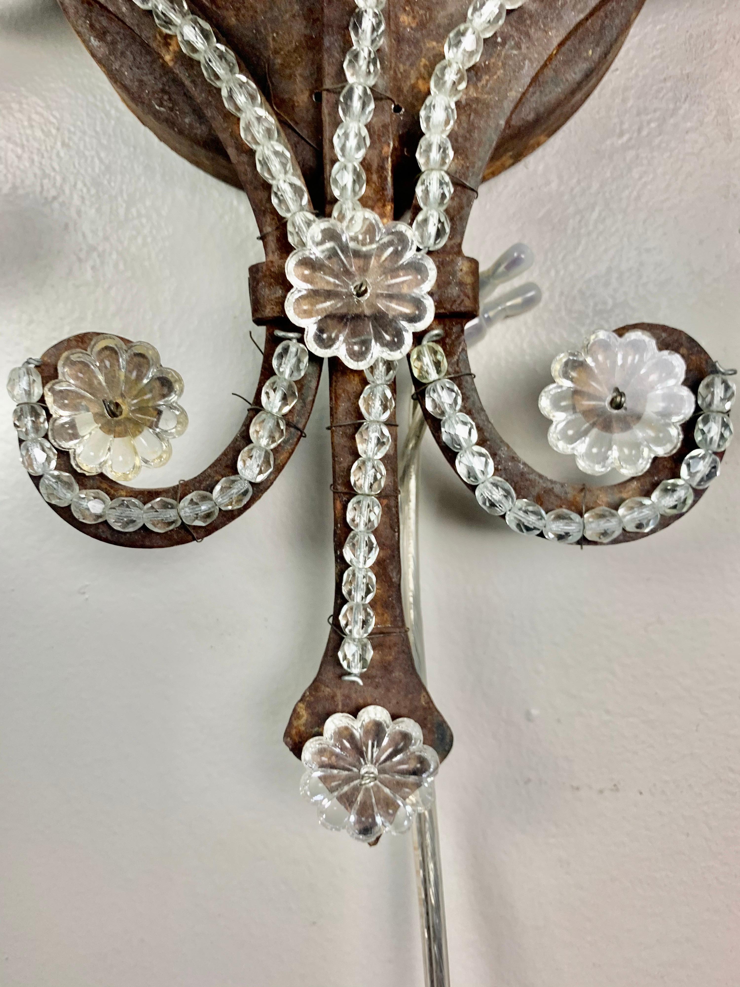Wrought Iron Rock Crystal Sconces, Pair In Good Condition In Los Angeles, CA
