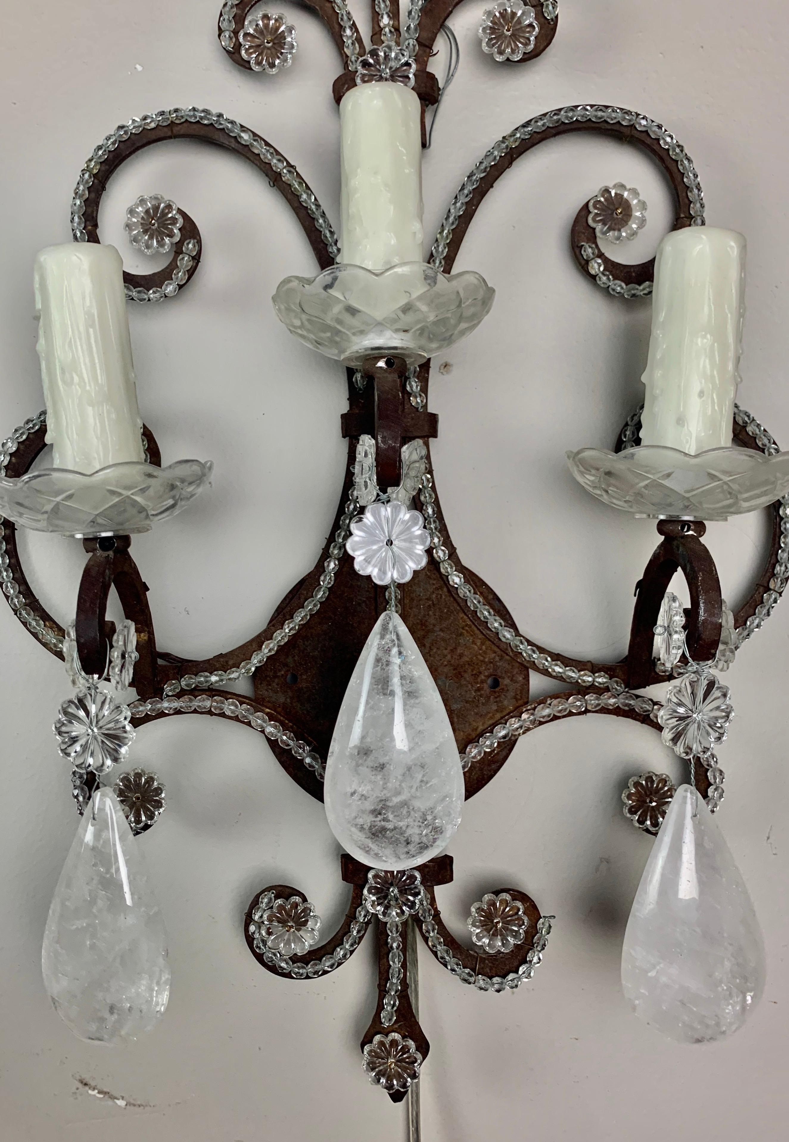 20th Century Wrought Iron Rock Crystal Sconces, Pair