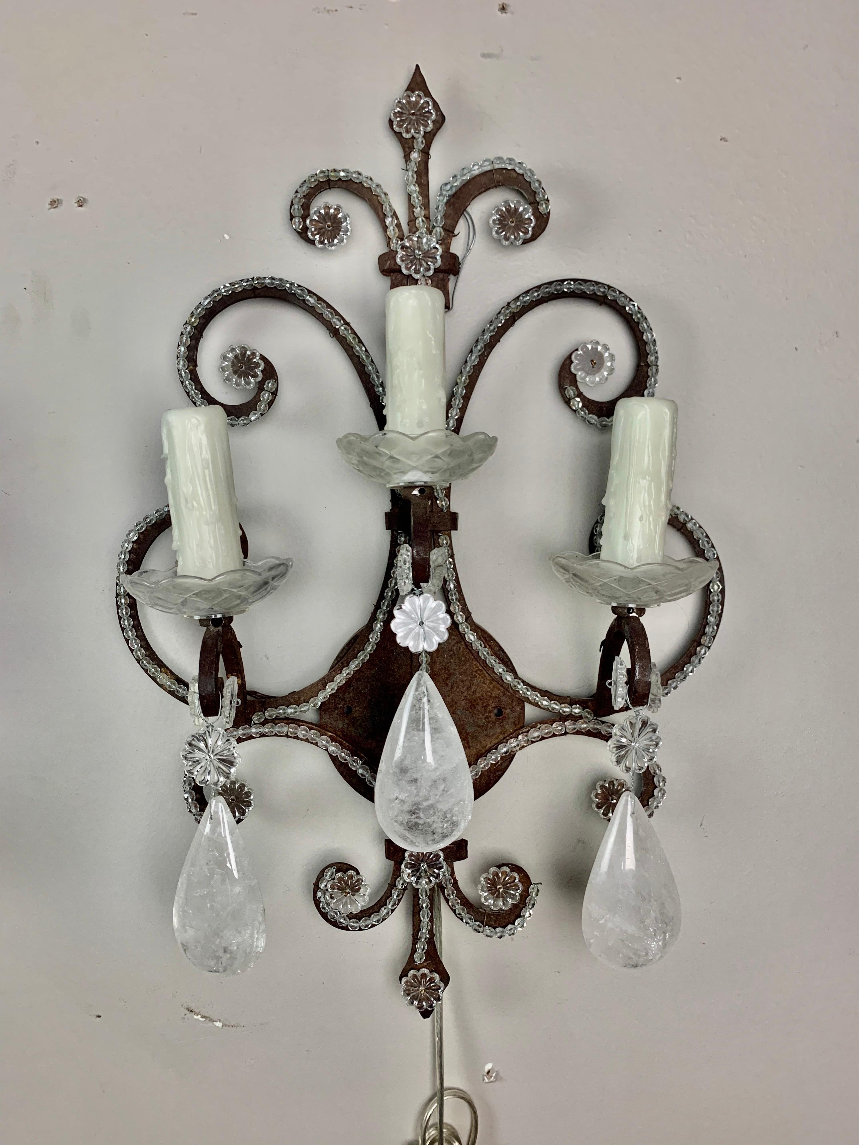 Wrought Iron Rock Crystal Sconces, Pair 3