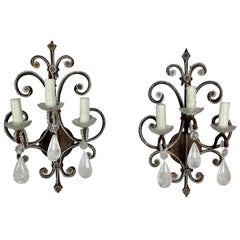 Wrought Iron Rock Crystal Sconces, Pair