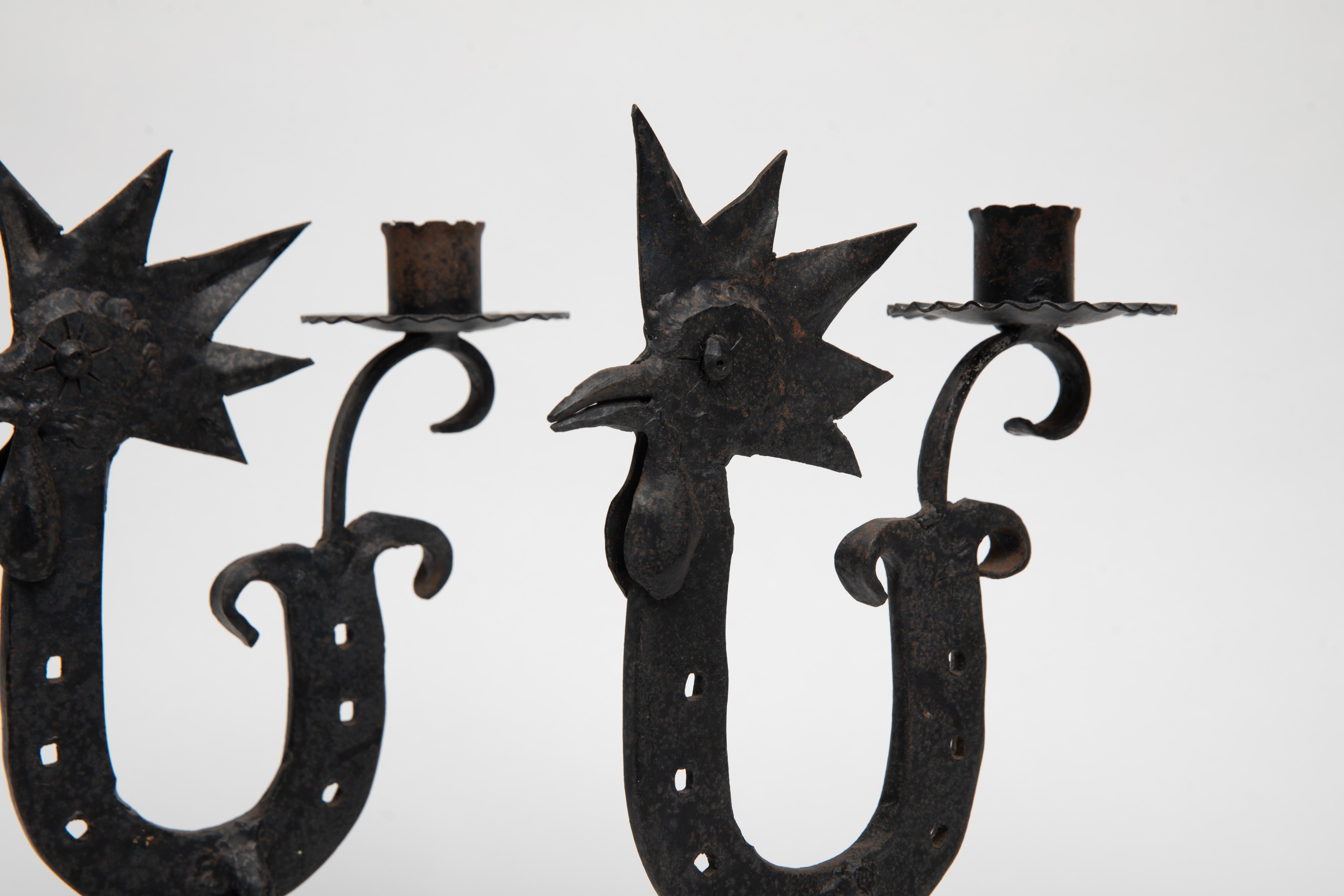 Swedish Wrought Iron Rooster Candlestick Holder Horshoe Folk Art For Sale