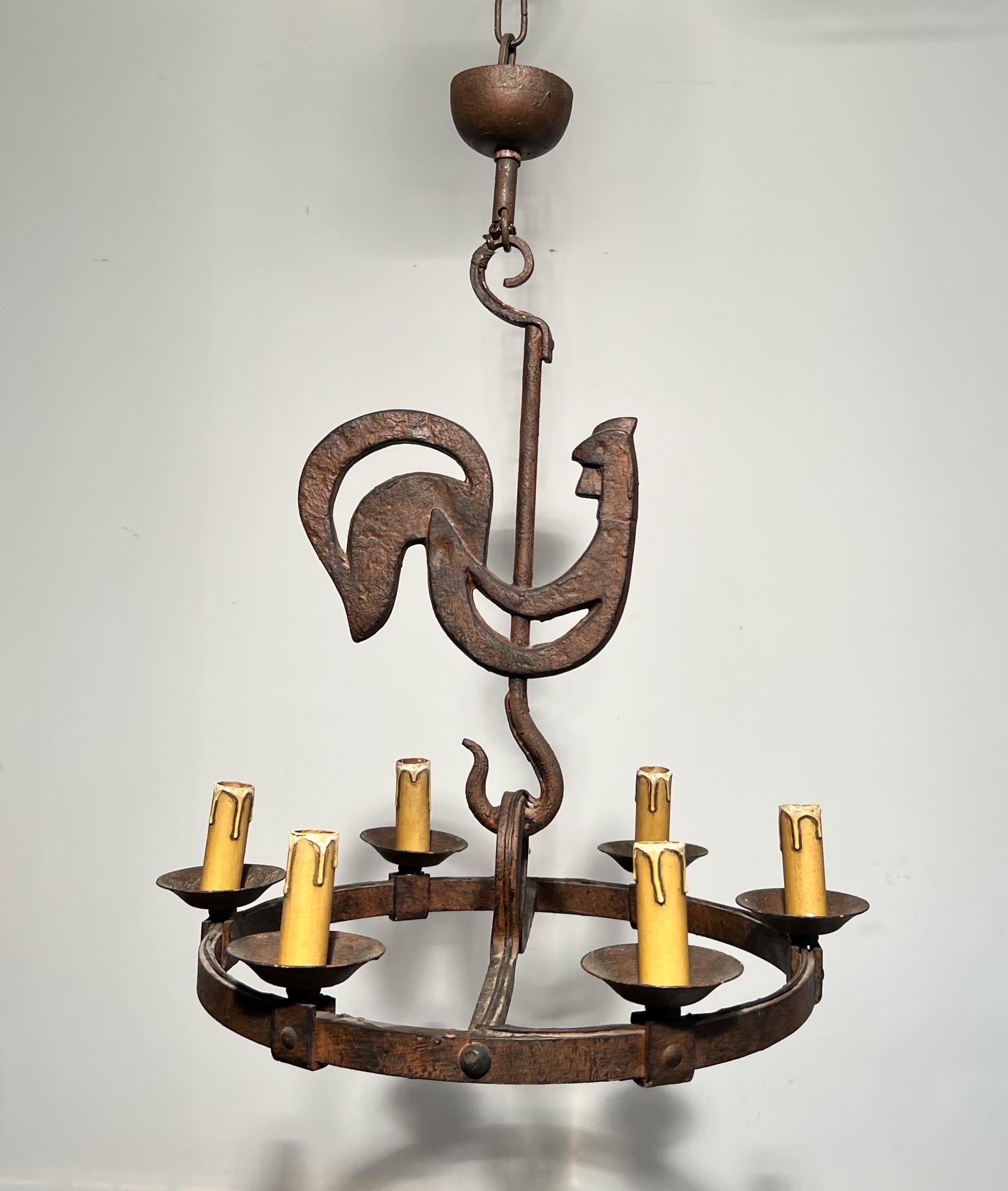 Wrought Iron Rooster Chandelier by jean Touret for the Atelier Marolles 3