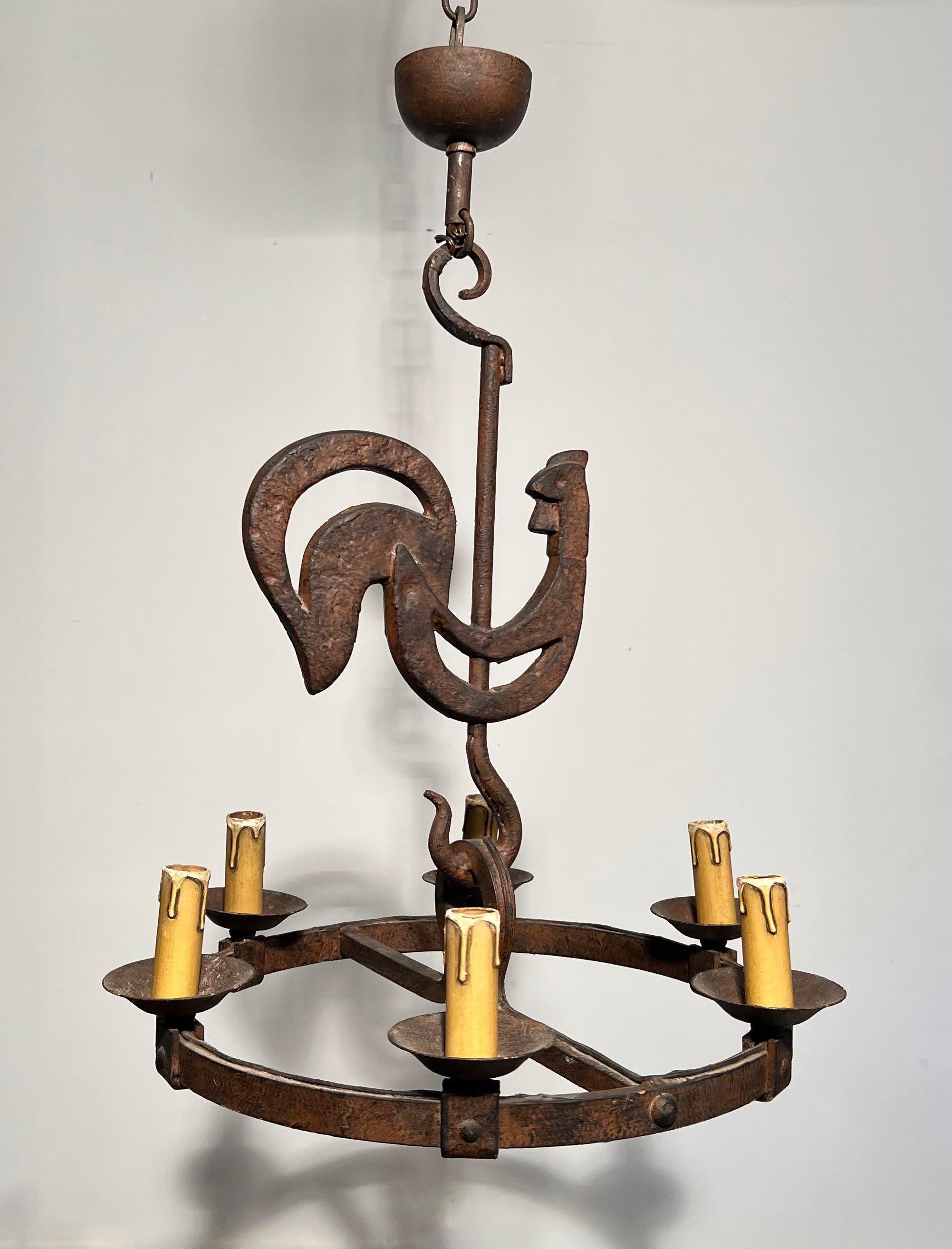 Wrought Iron Rooster Chandelier by jean Touret for the Atelier Marolles 4