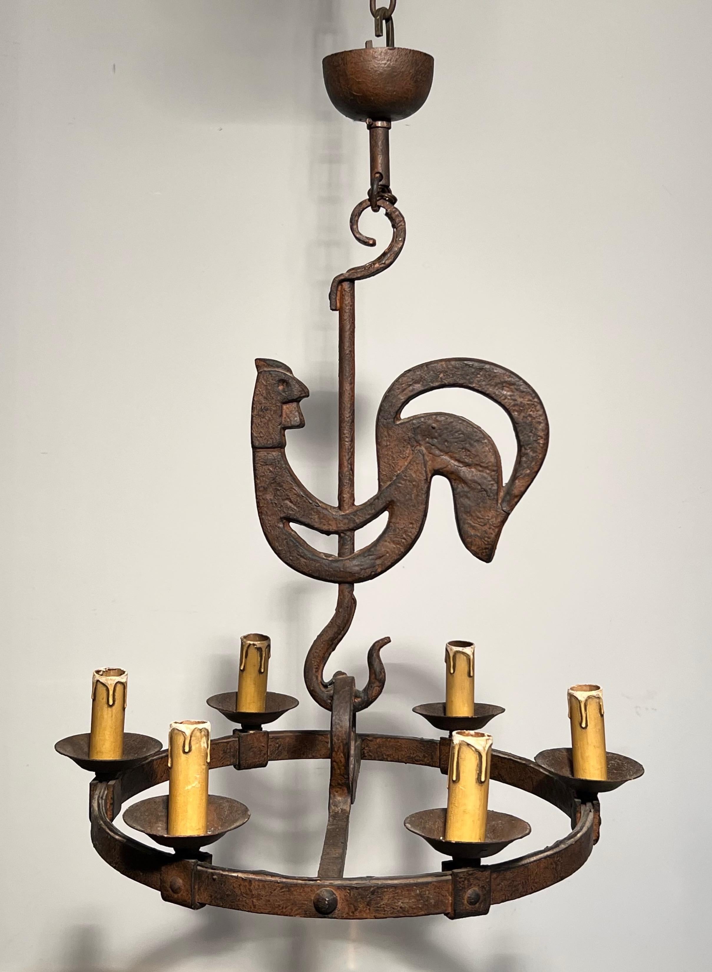 Wrought Iron Rooster Chandelier by jean Touret for the Atelier Marolles 5