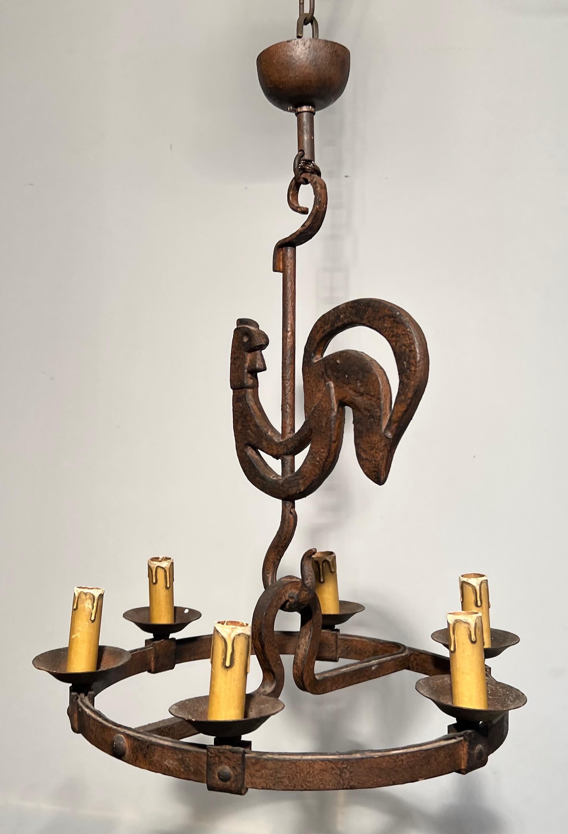 Wrought Iron Rooster Chandelier by jean Touret for the Atelier Marolles 6