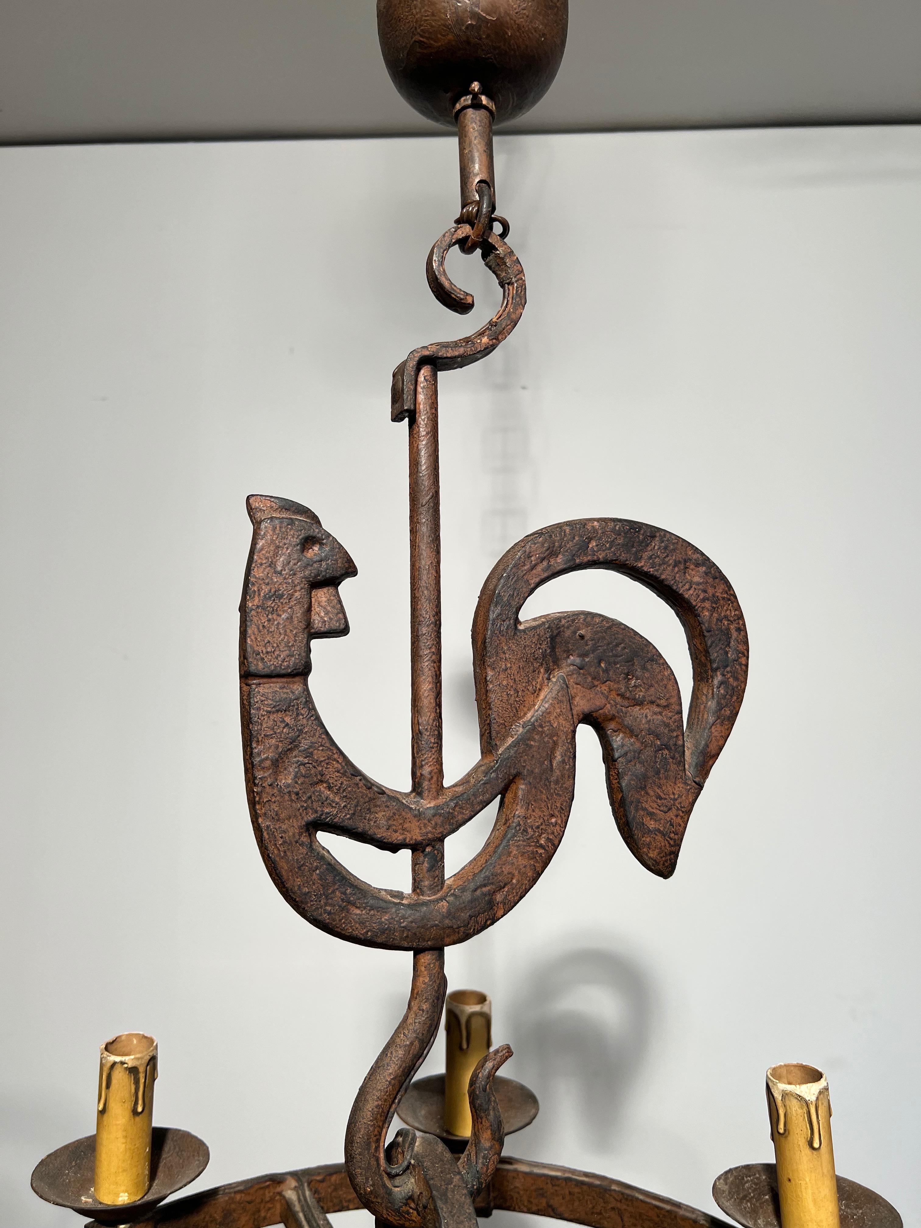 Wrought Iron Rooster Chandelier by jean Touret for the Atelier Marolles 7