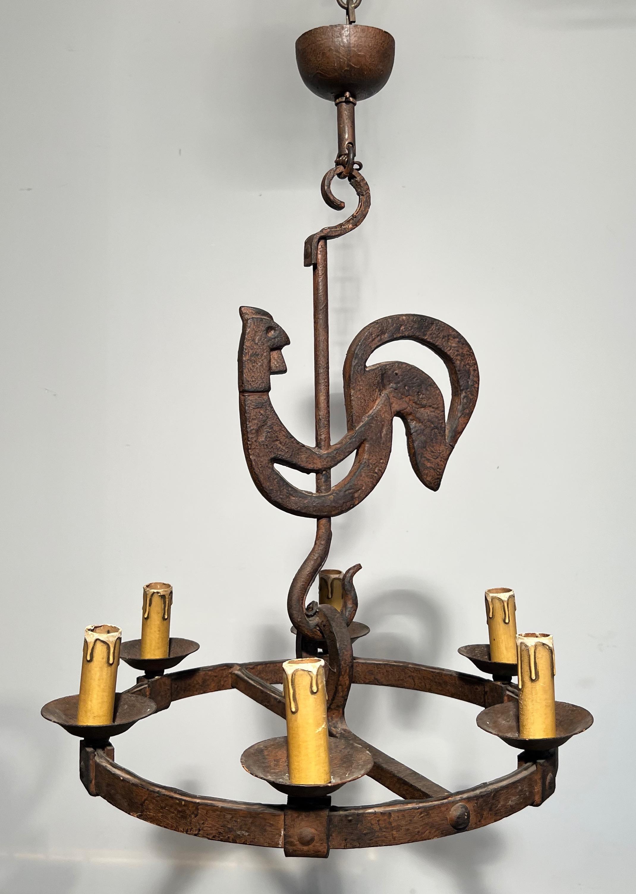 Wrought Iron Rooster Chandelier by jean Touret for the Atelier Marolles 9