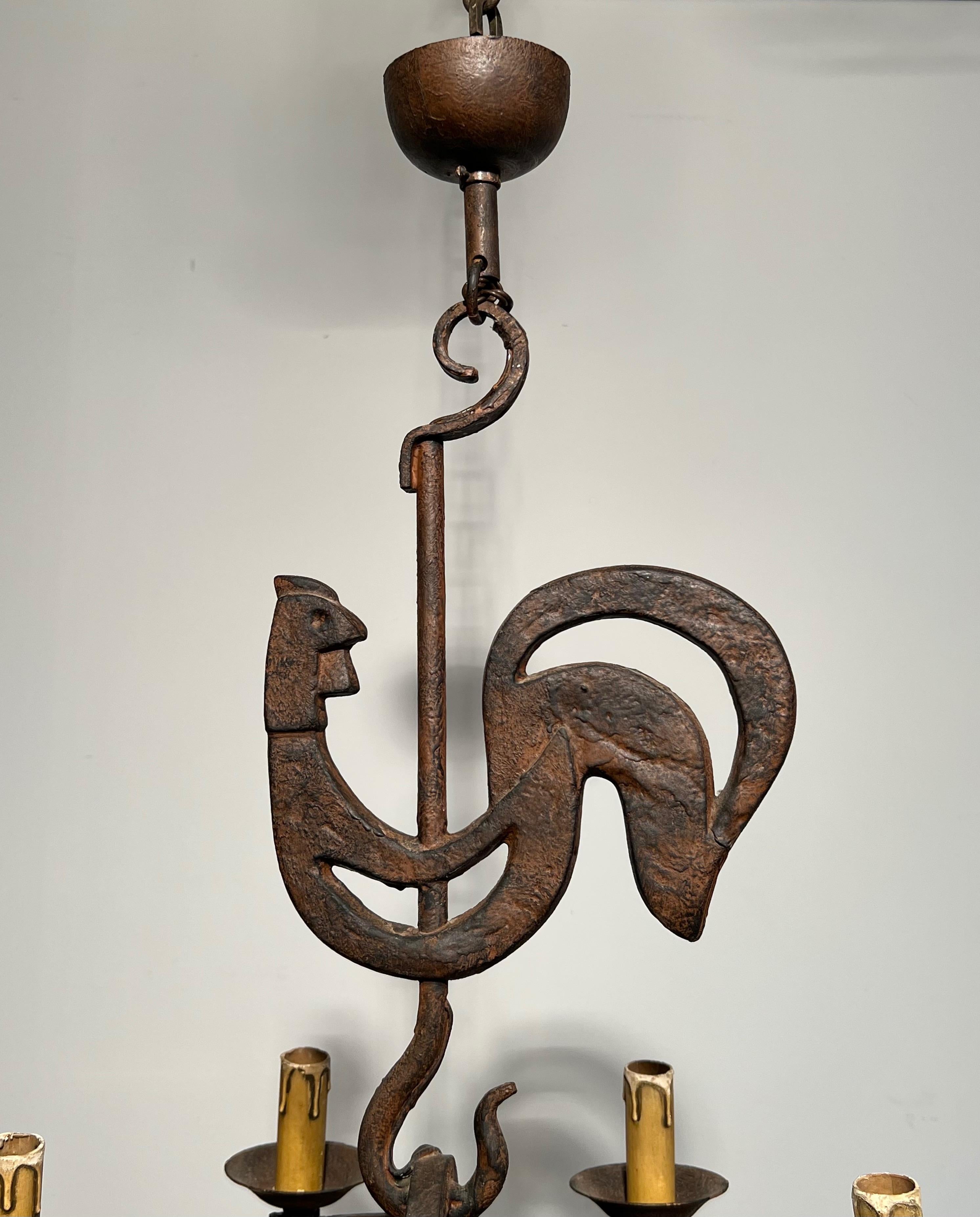 Mid-Century Modern Wrought Iron Rooster Chandelier by jean Touret for the Atelier Marolles