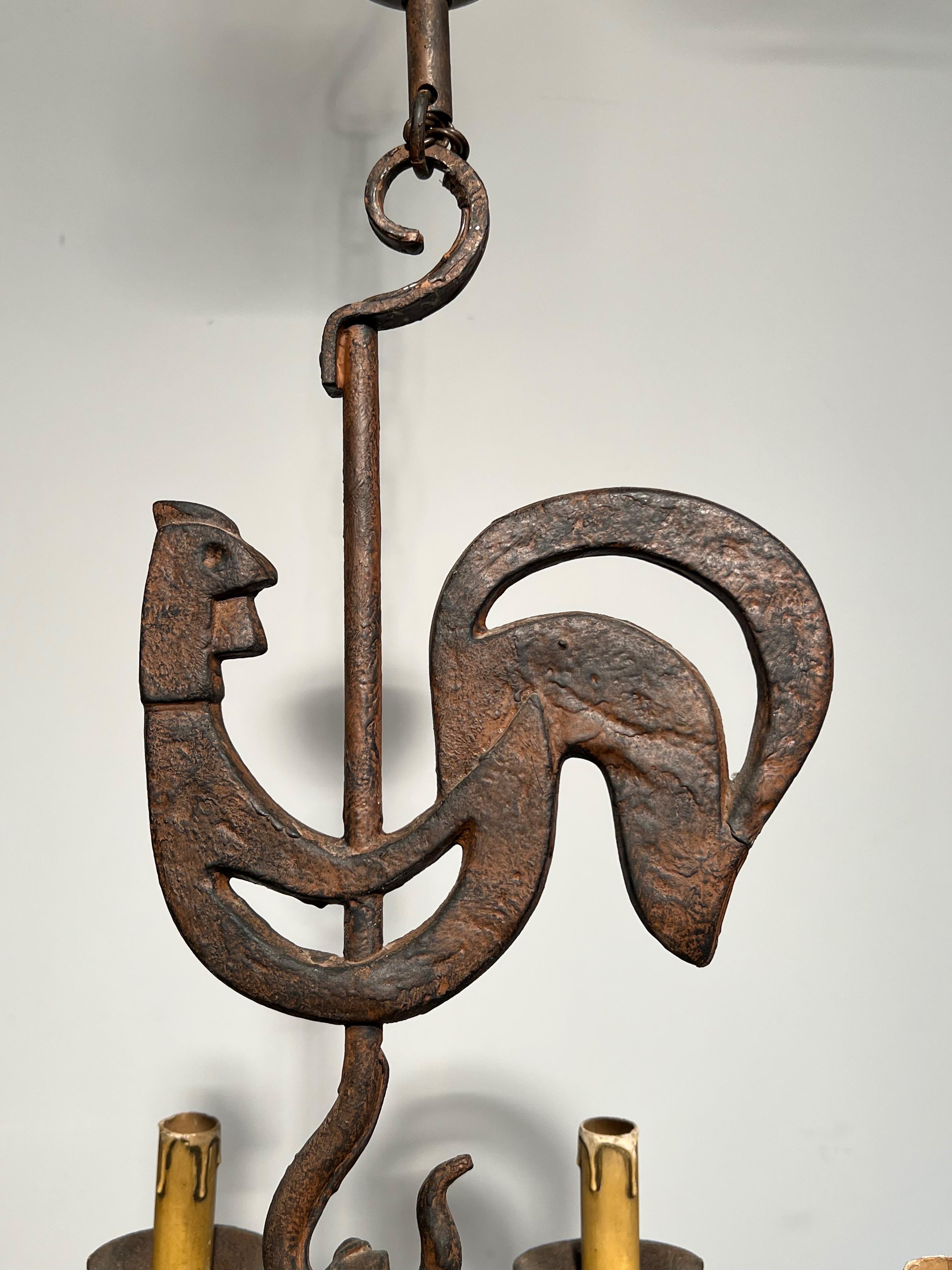 French Wrought Iron Rooster Chandelier by jean Touret for the Atelier Marolles