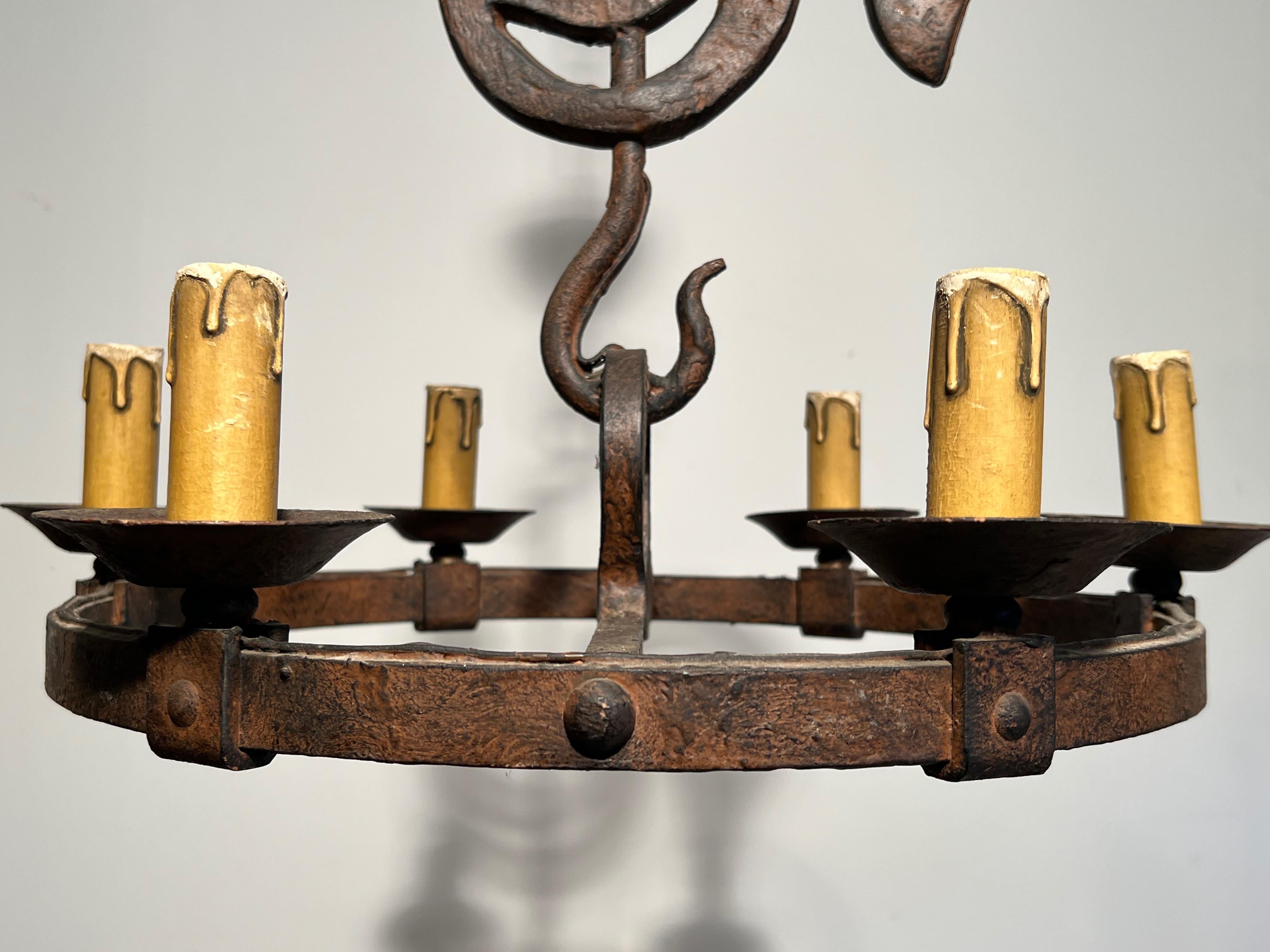Mid-20th Century Wrought Iron Rooster Chandelier by jean Touret for the Atelier Marolles