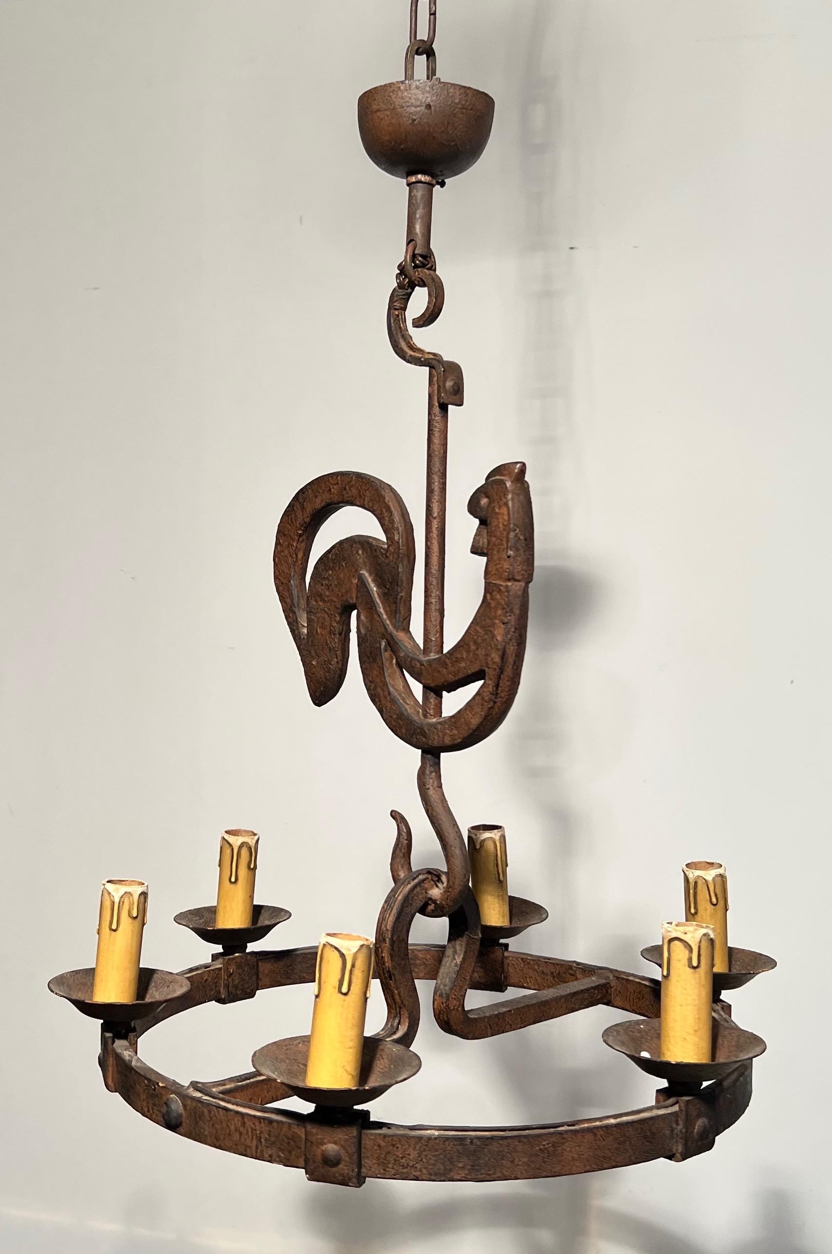 Wrought Iron Rooster Chandelier by jean Touret for the Atelier Marolles 2