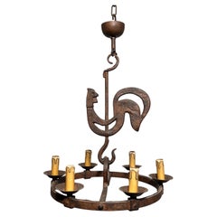 Lampadario a gallo in ferro battuto di Jean Touret per Atelier Marolles