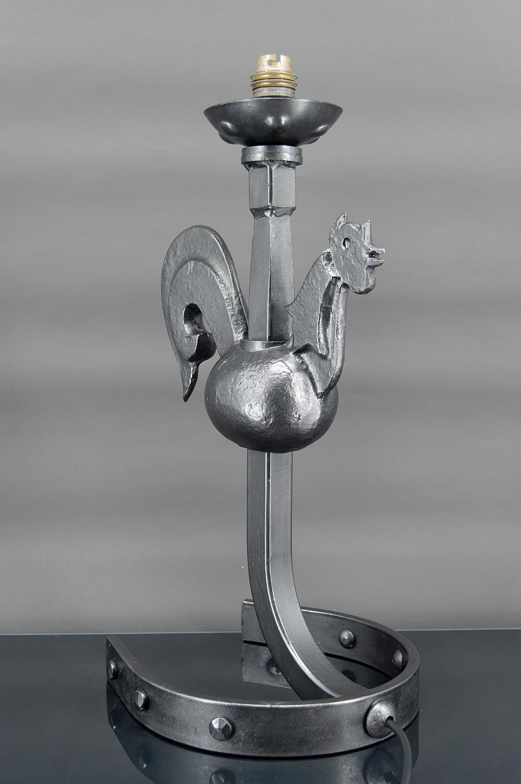 Folk Art Wrought iron rooster lamp by Jean Touret / les Ateliers de Marolles, 1950's For Sale
