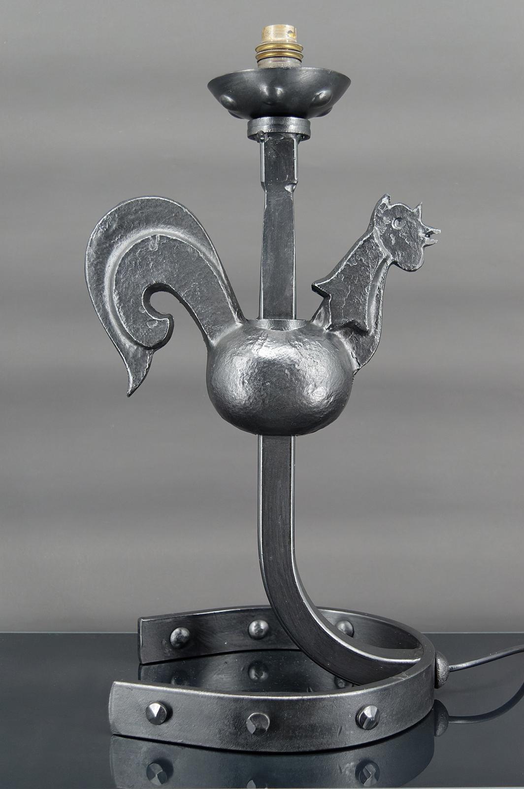 French Wrought iron rooster lamp by Jean Touret / les Ateliers de Marolles, 1950's For Sale
