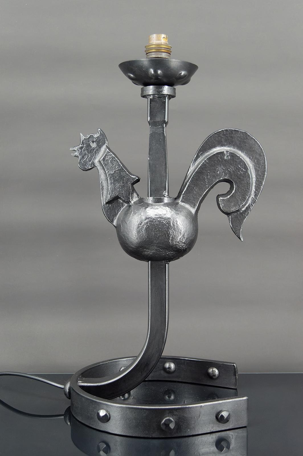 Metal Wrought iron rooster lamp by Jean Touret / les Ateliers de Marolles, 1950's For Sale