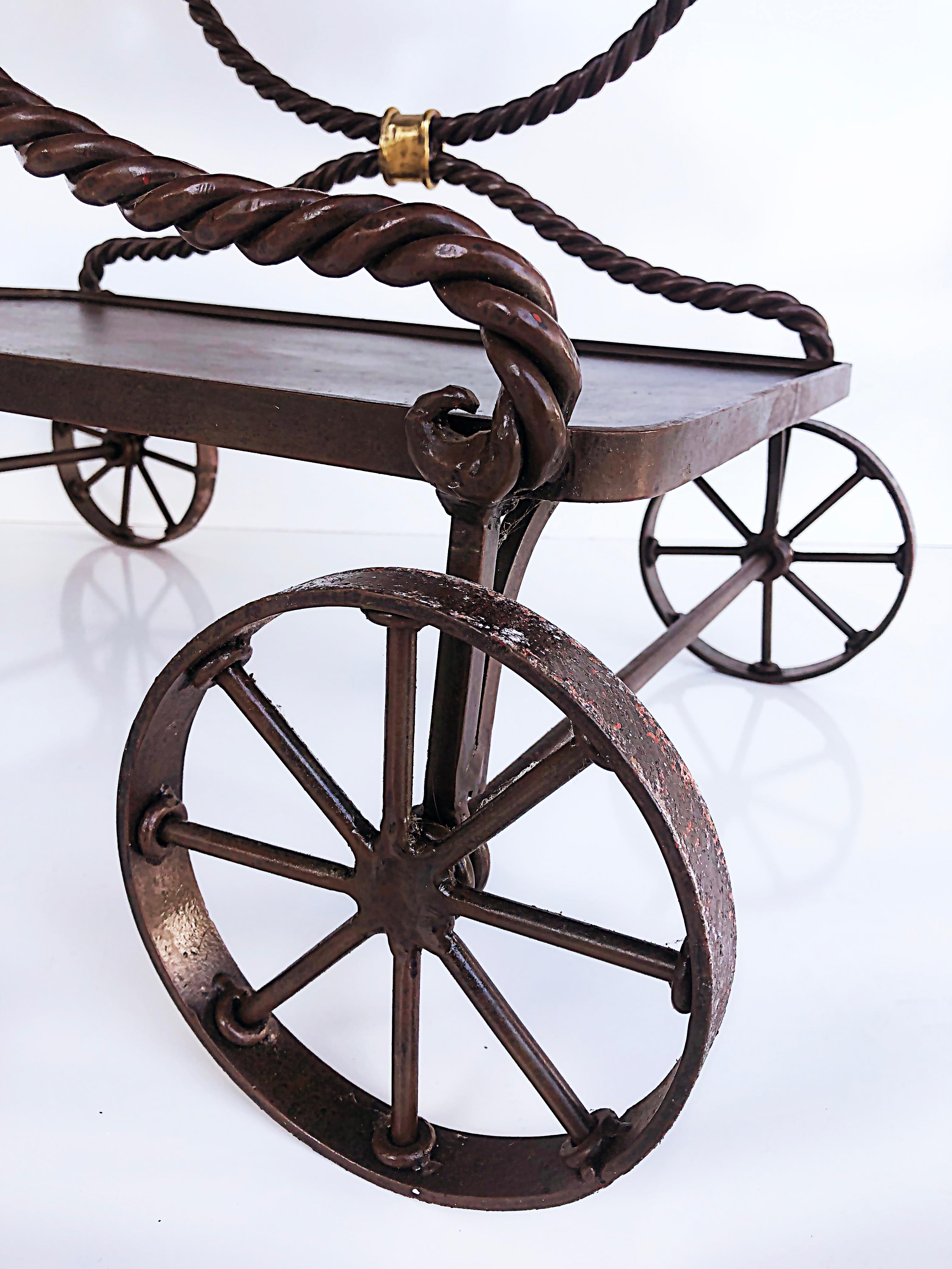 Wrought Iron Rope Bar Cart Tea Trolley Maitland Smith Attributed In Good Condition In Miami, FL
