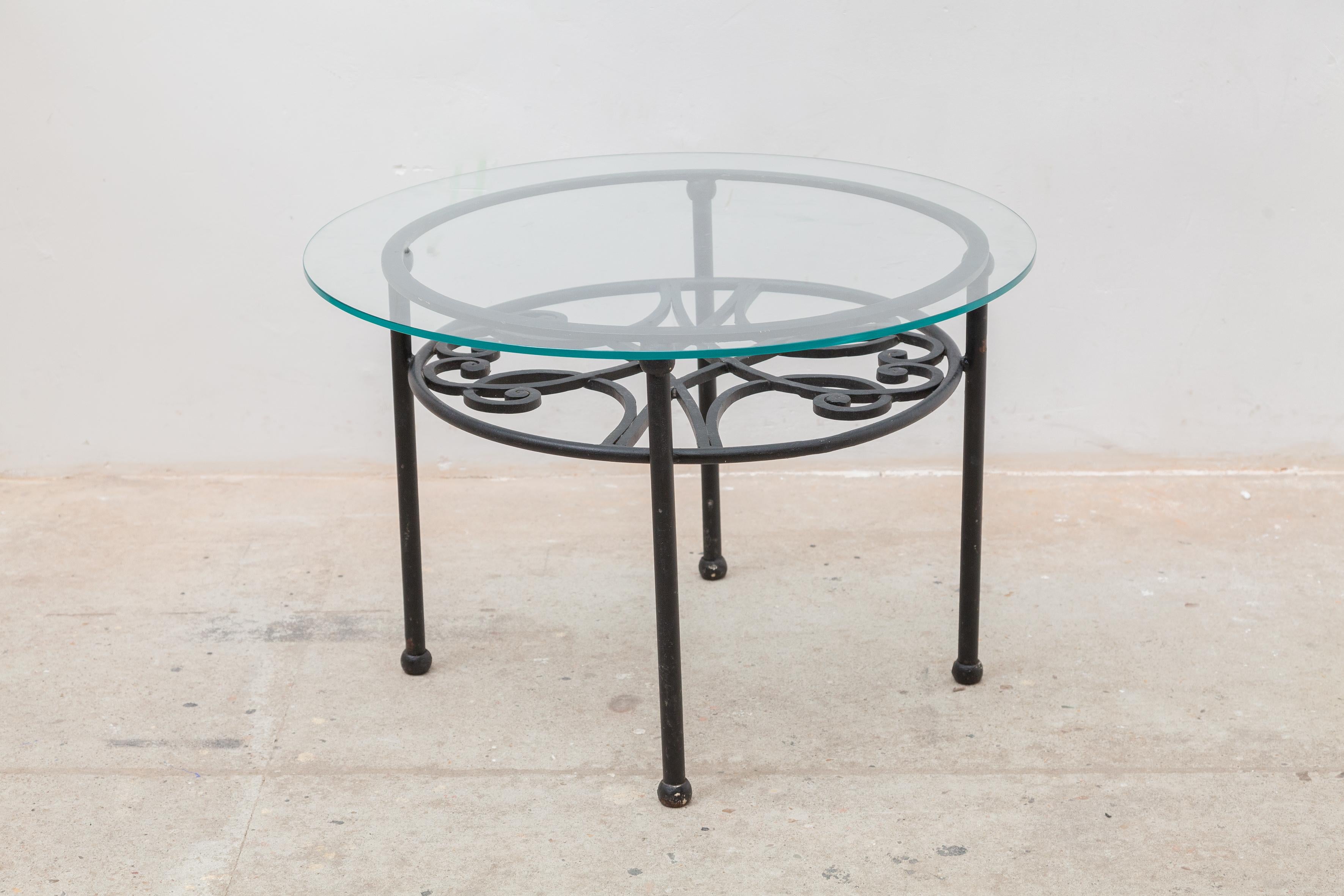 Mid-Century Modern Wrought Iron Round Coffee Table, Glass Top 1960s France For Sale