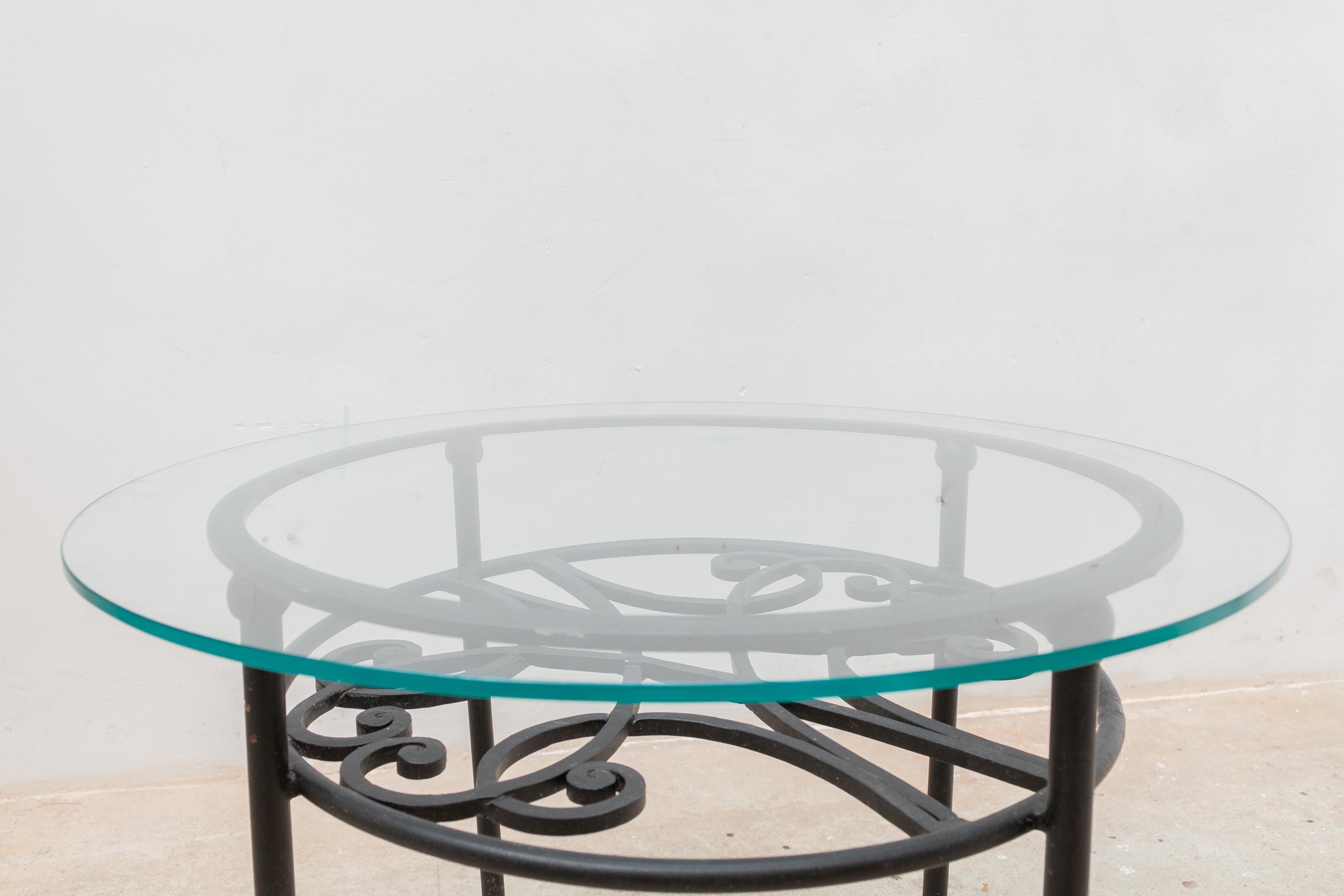 French Wrought Iron Round Coffee Table, Glass Top 1960s France For Sale