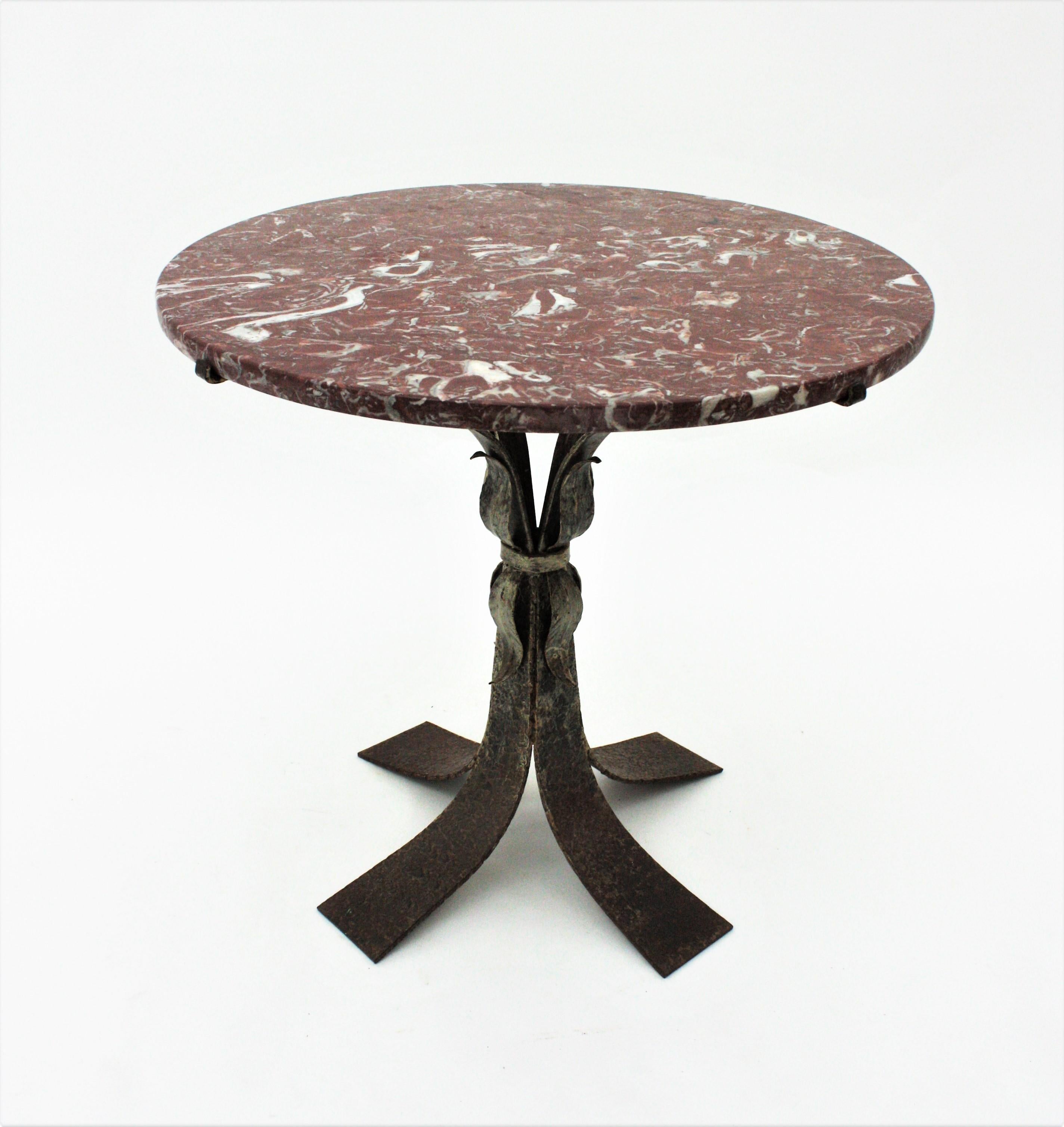 Wrought Iron Round Coffee Table with Garnet Marble Top 3