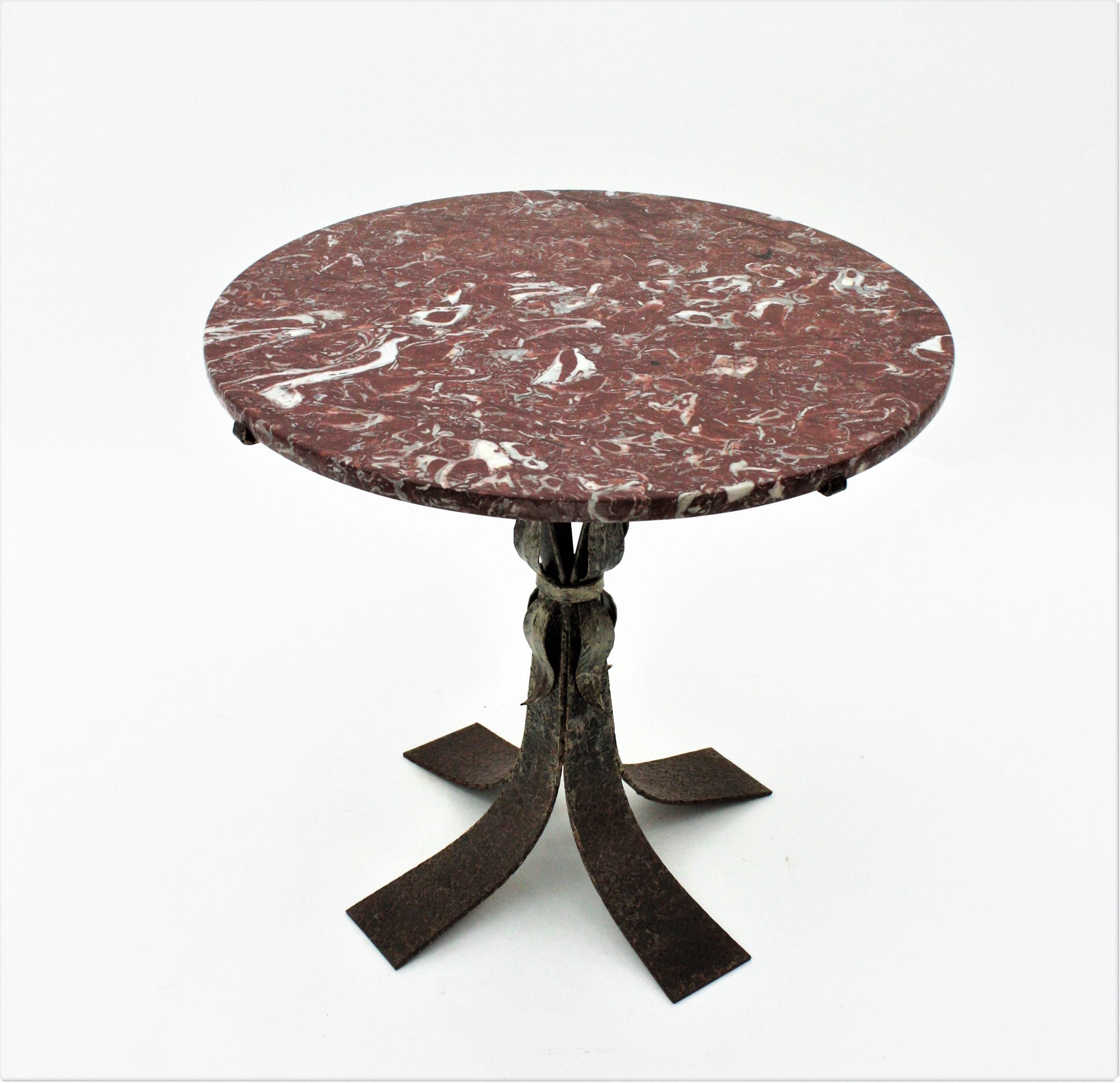 Wrought Iron Round Coffee Table with Garnet Marble Top 5