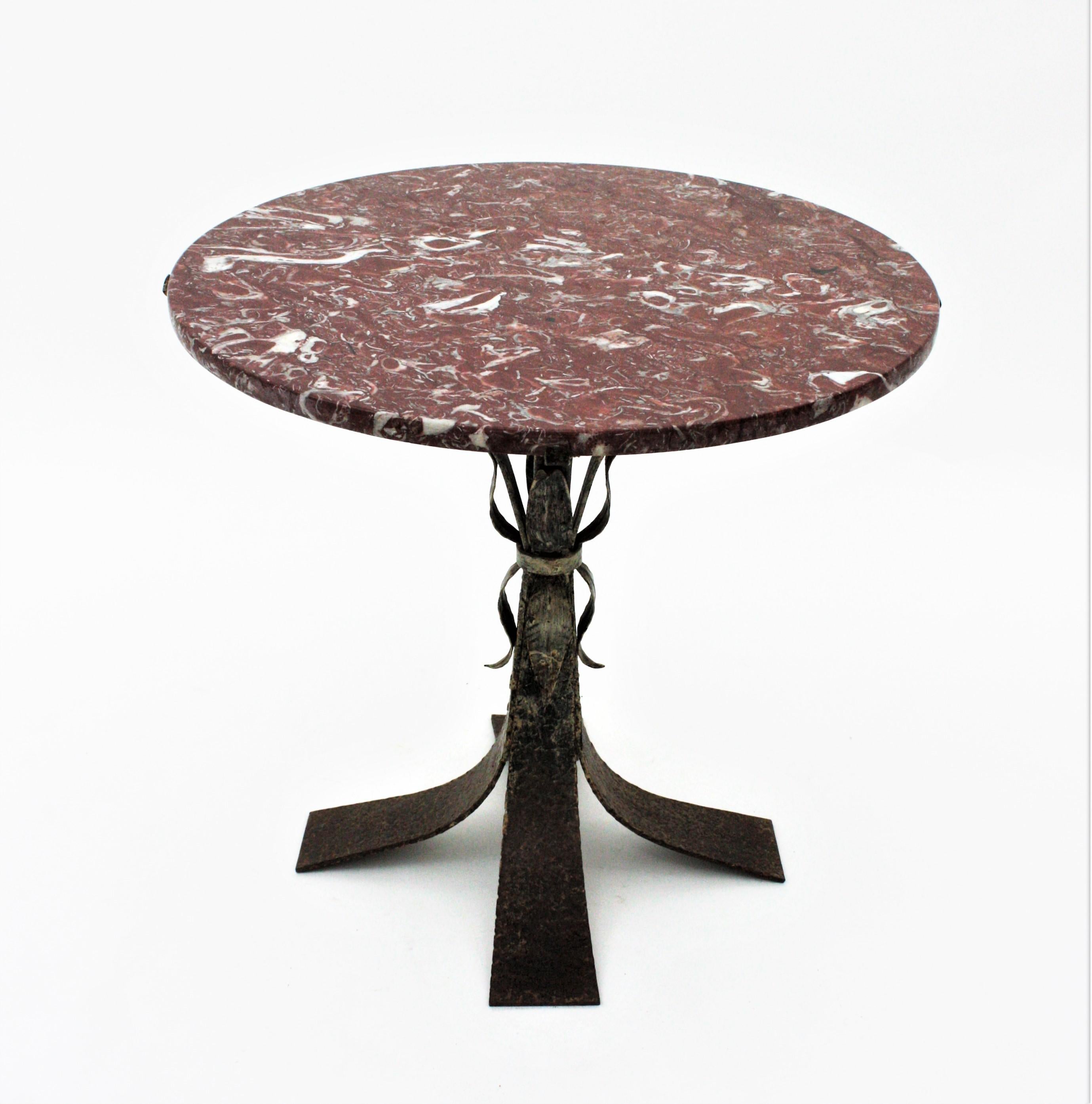 Spanish Wrought Iron Round Coffee Table with Garnet Marble Top