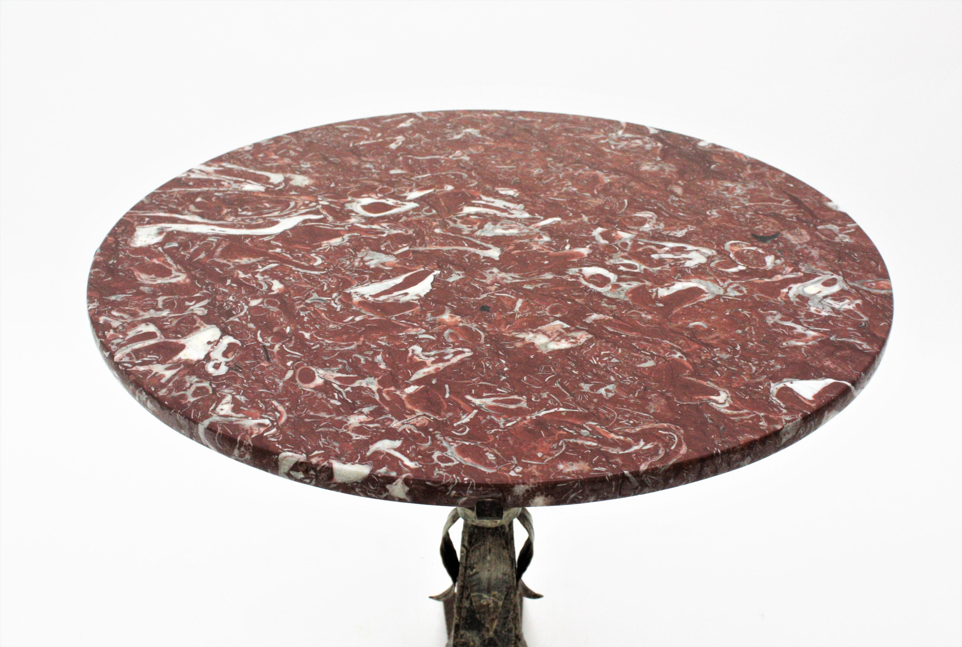 Forged Wrought Iron Round Coffee Table with Garnet Marble Top