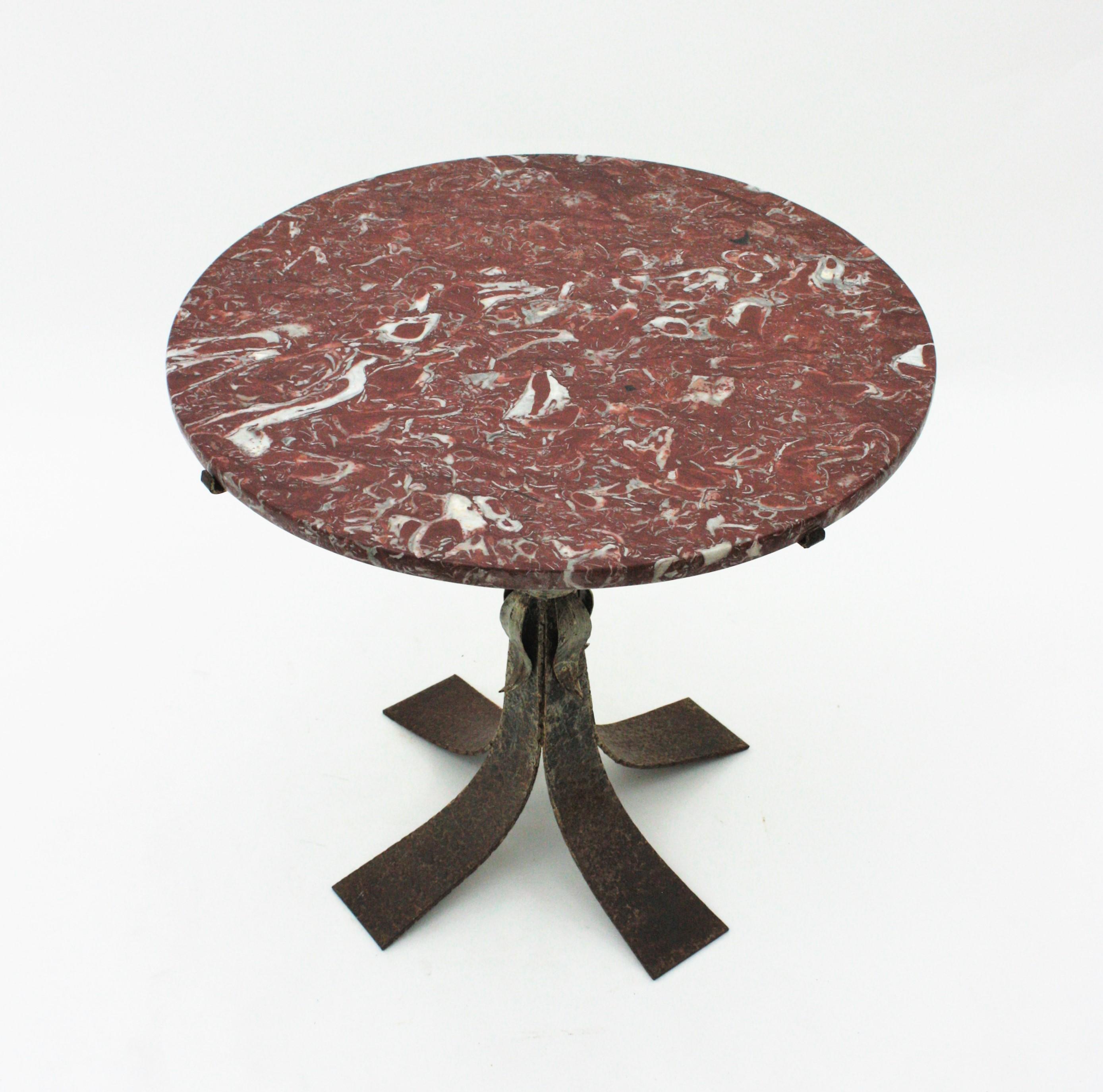 Wrought Iron Round Coffee Table with Garnet Marble Top 1