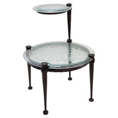 Wrought iron round side table with aquamarine glass - Lothar Klute Style - 1980s