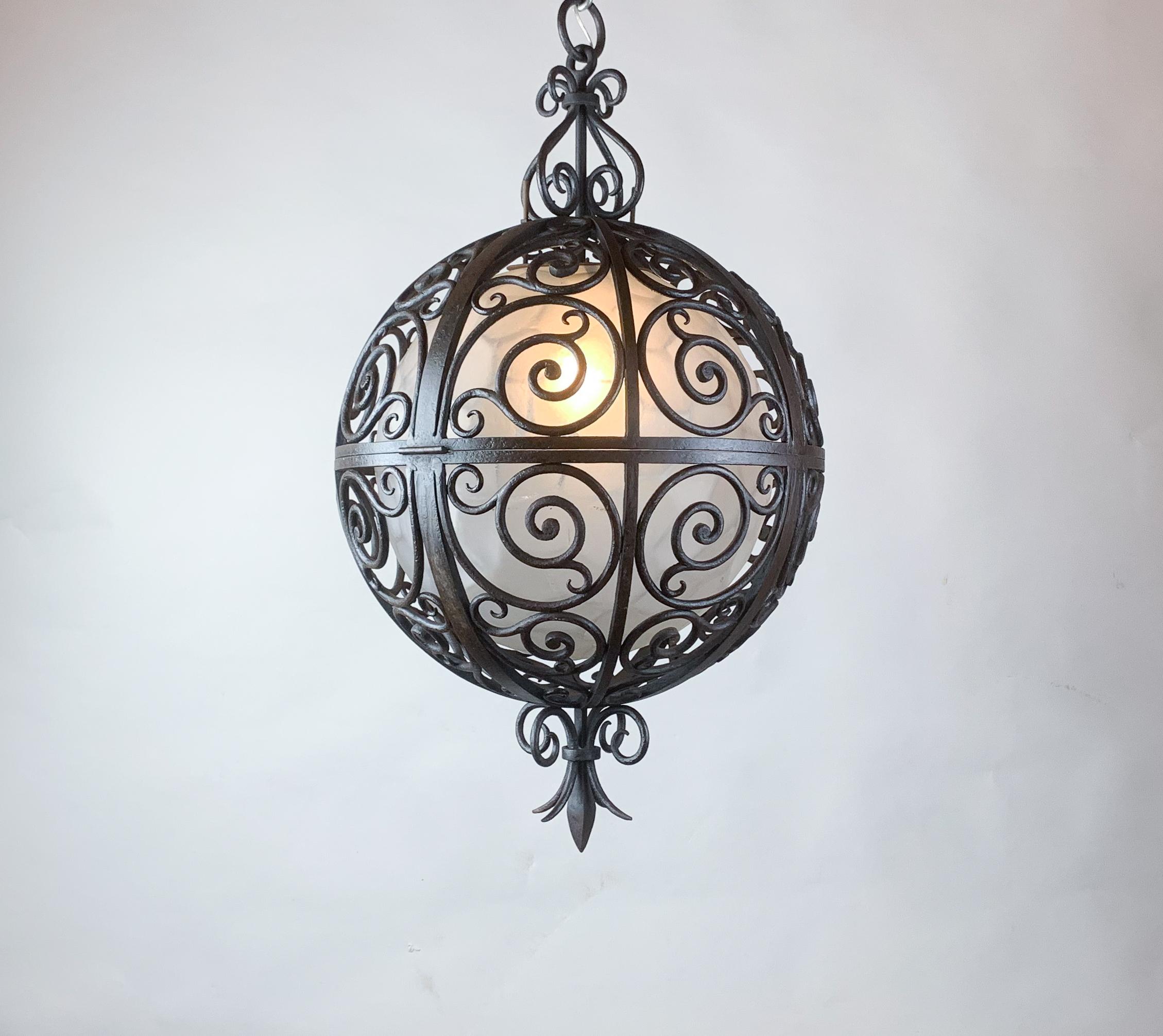 Wrought Iron Round Suspension with Interior Glass Sphere, C.1930 4