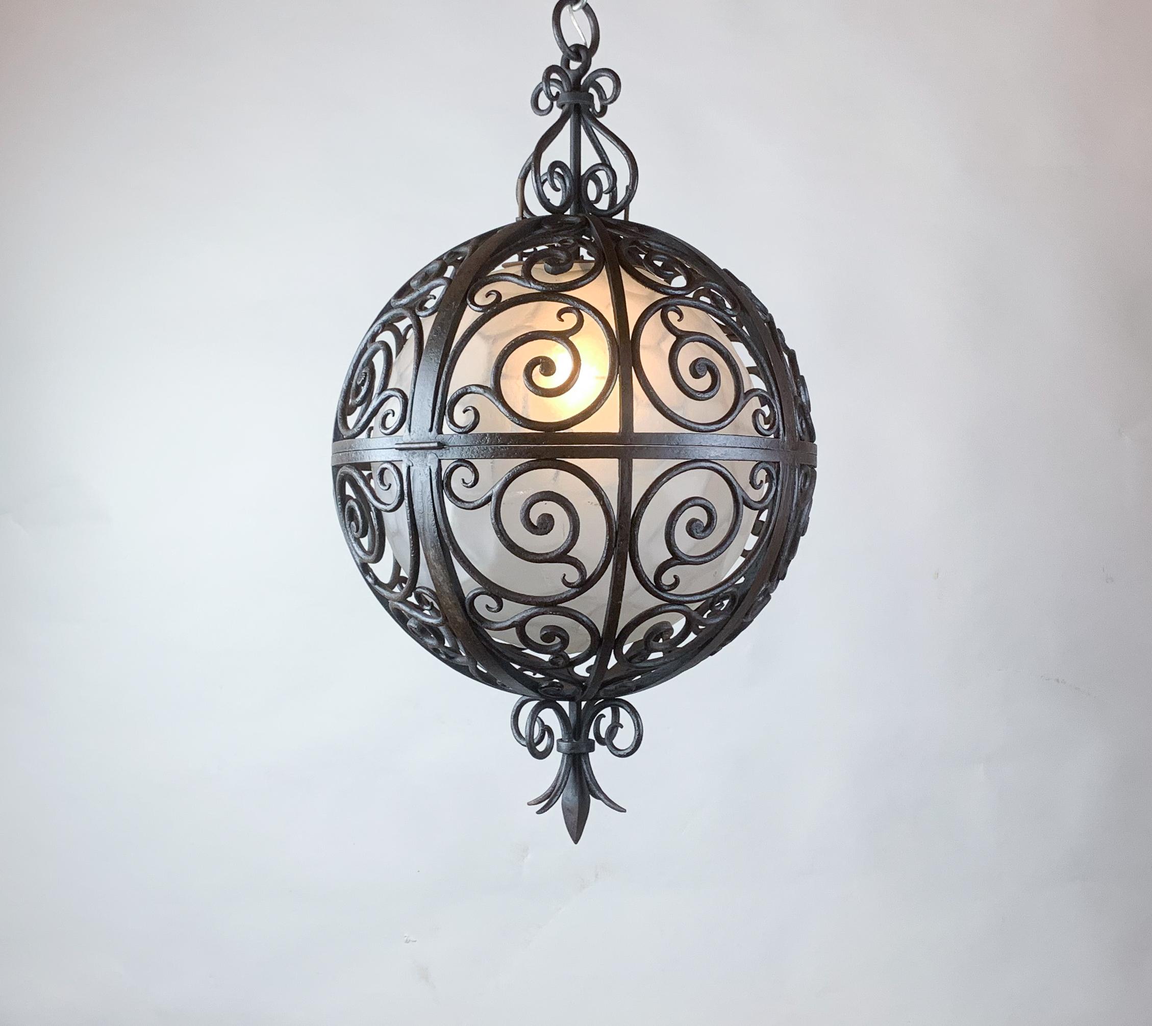 Wrought Iron Round Suspension with Interior Glass Sphere, C.1930 For Sale 5