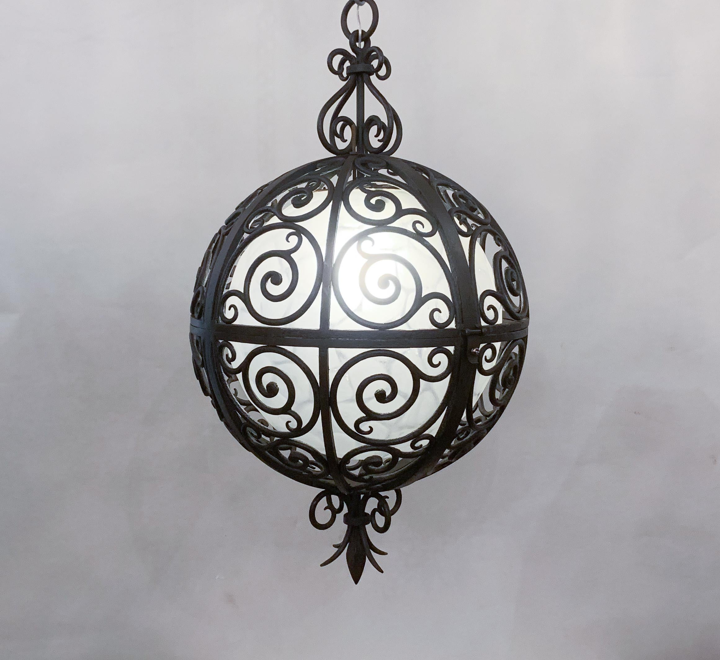 Wrought Iron Round Suspension with Interior Glass Sphere, C.1930 For Sale 7