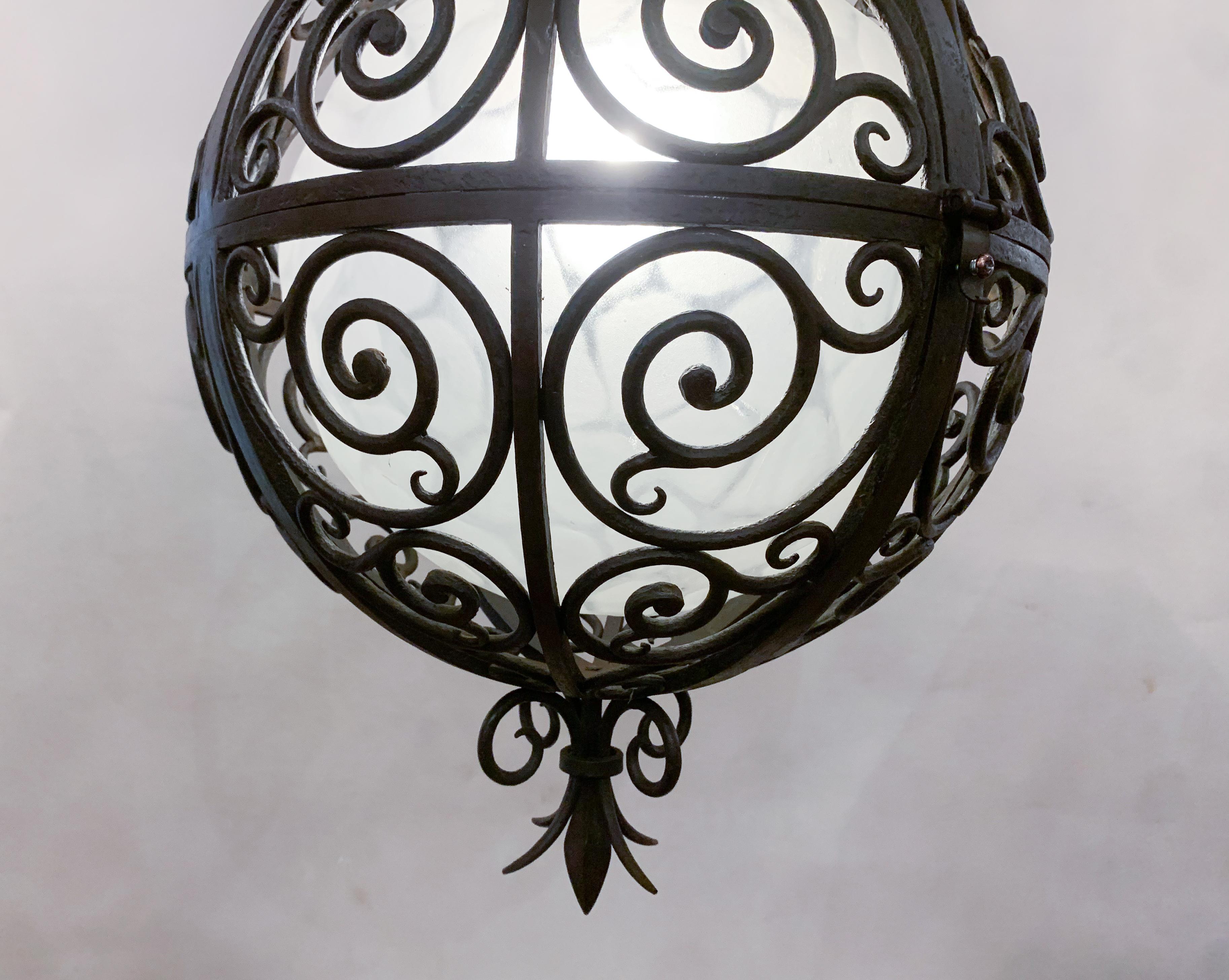 Wrought Iron Round Suspension with Interior Glass Sphere, C.1930 For Sale 8