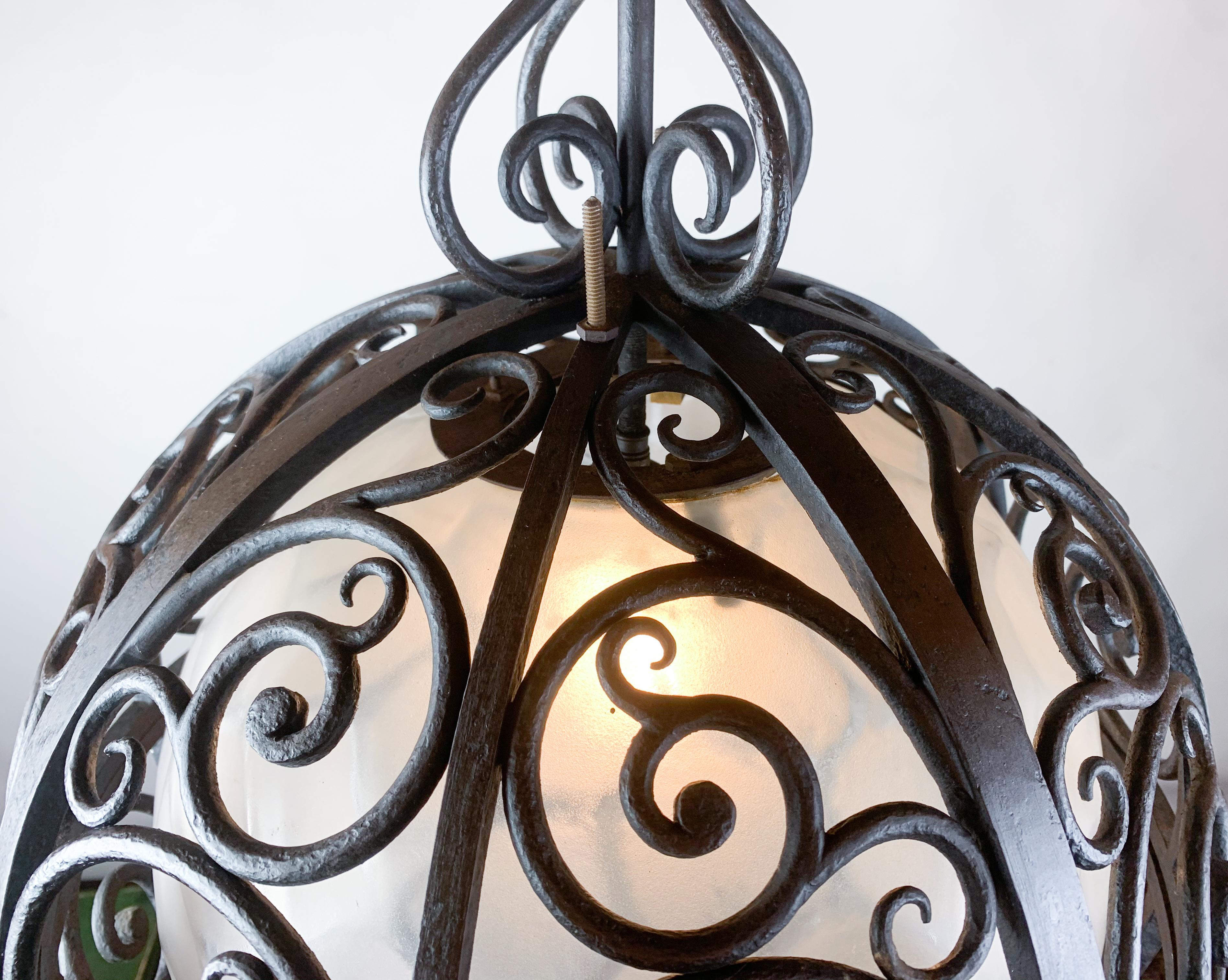 Wrought Iron Round Suspension with Interior Glass Sphere, C.1930 For Sale 9