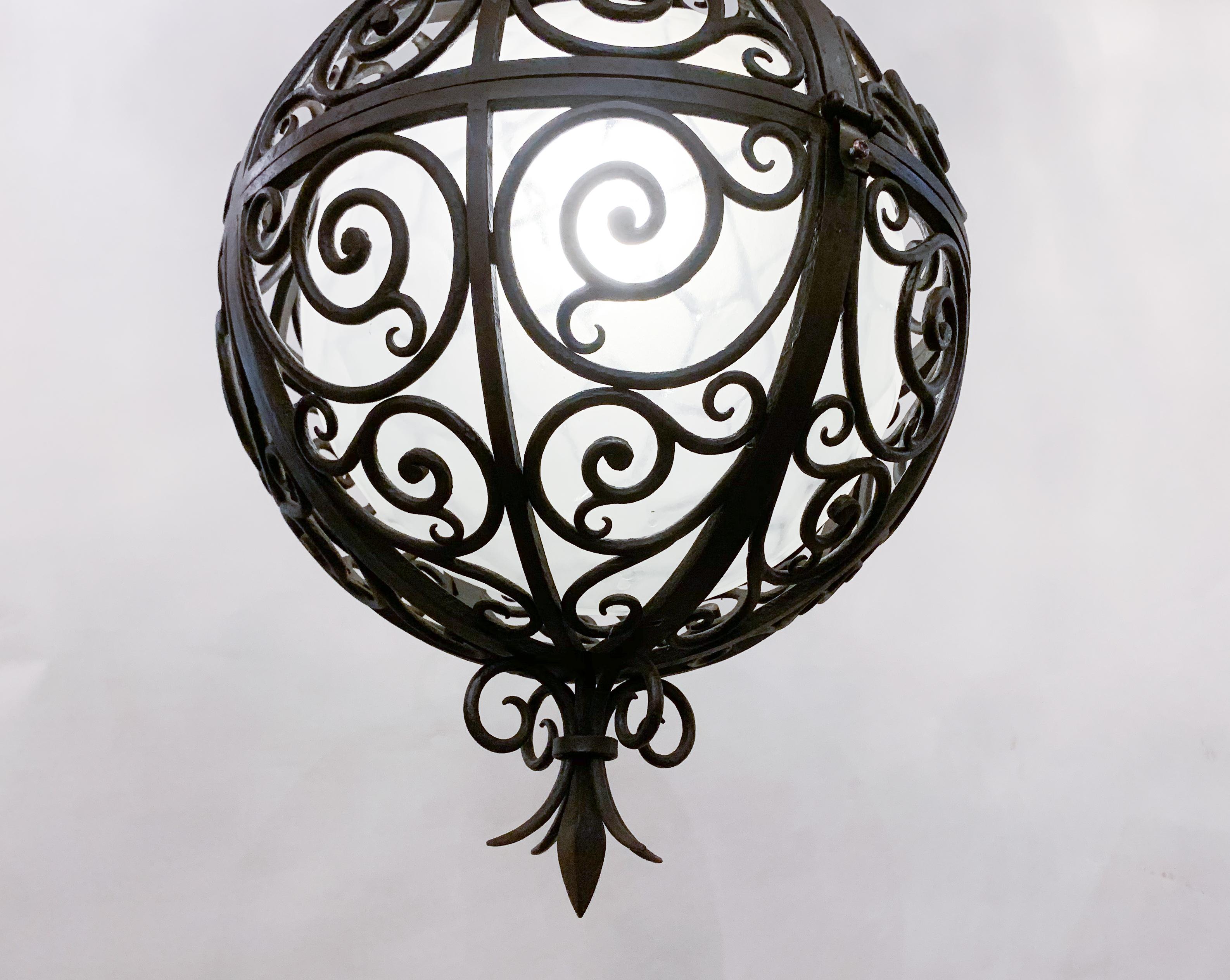 Wrought Iron Round Suspension with Interior Glass Sphere, C.1930 For Sale 10