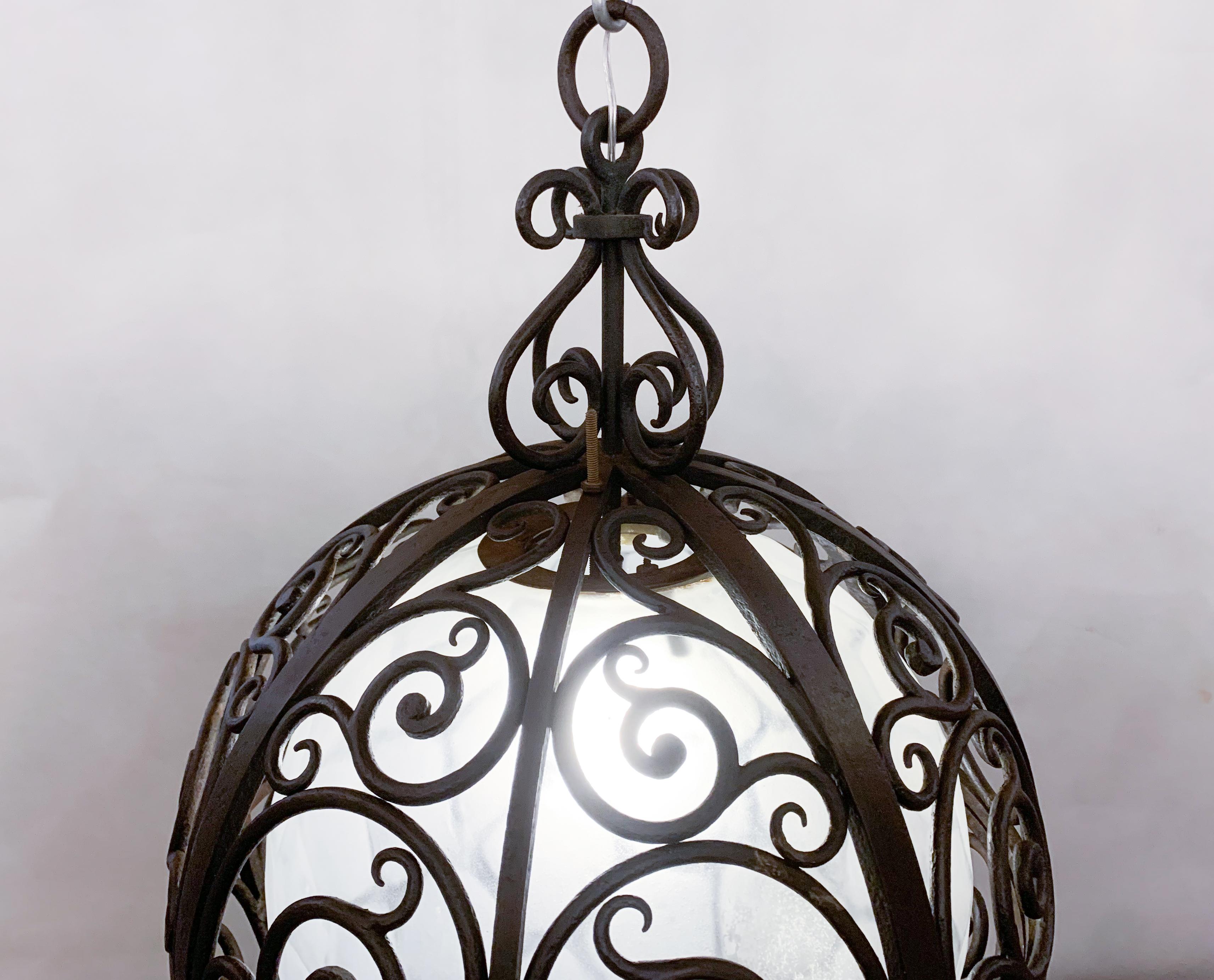 Wrought Iron Round Suspension with Interior Glass Sphere, C.1930 For Sale 11