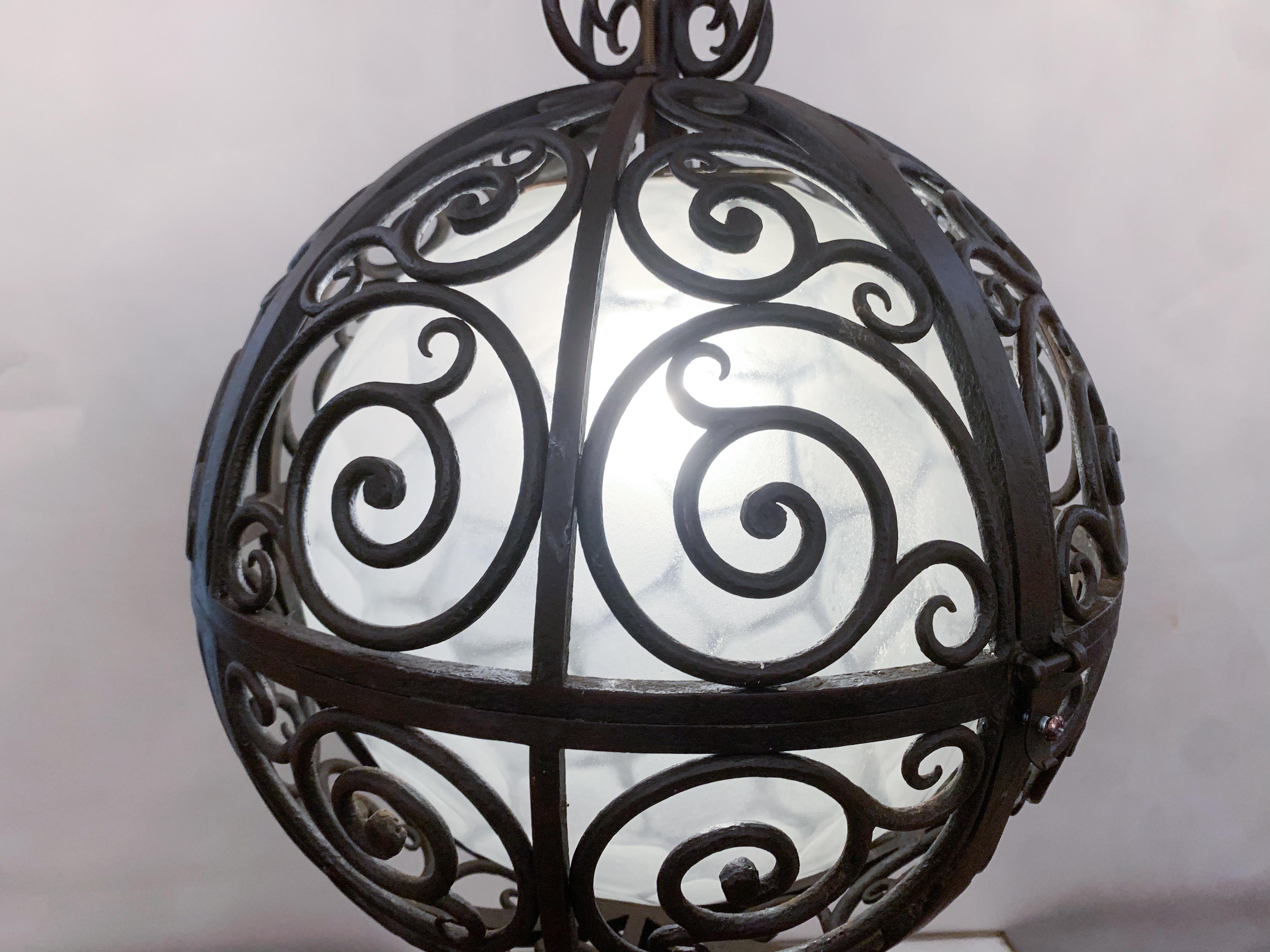 Wrought Iron Round Suspension with Interior Glass Sphere, C.1930 For Sale 12