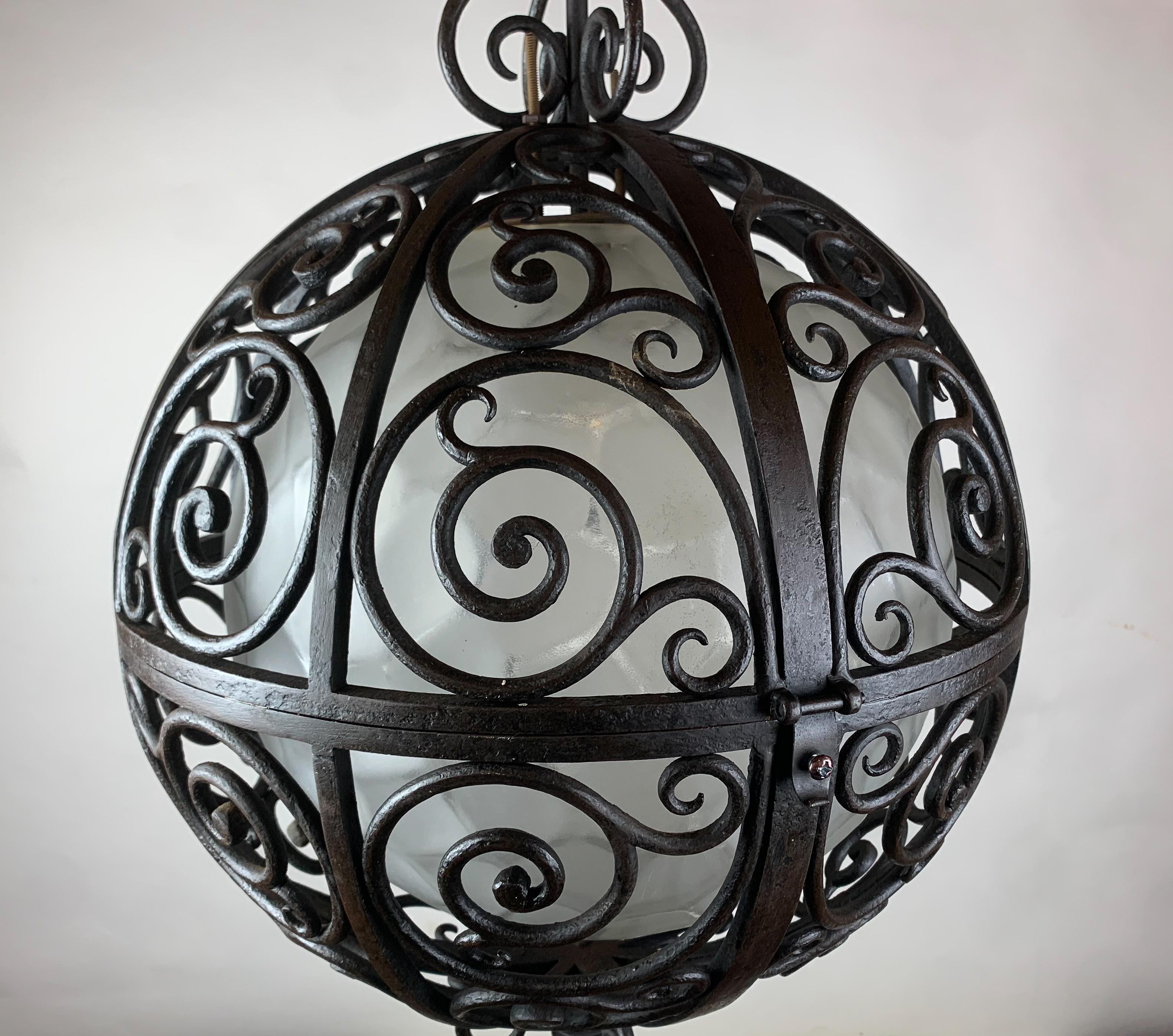 Wrought Iron Round Suspension with Interior Glass Sphere, C.1930 For Sale 13
