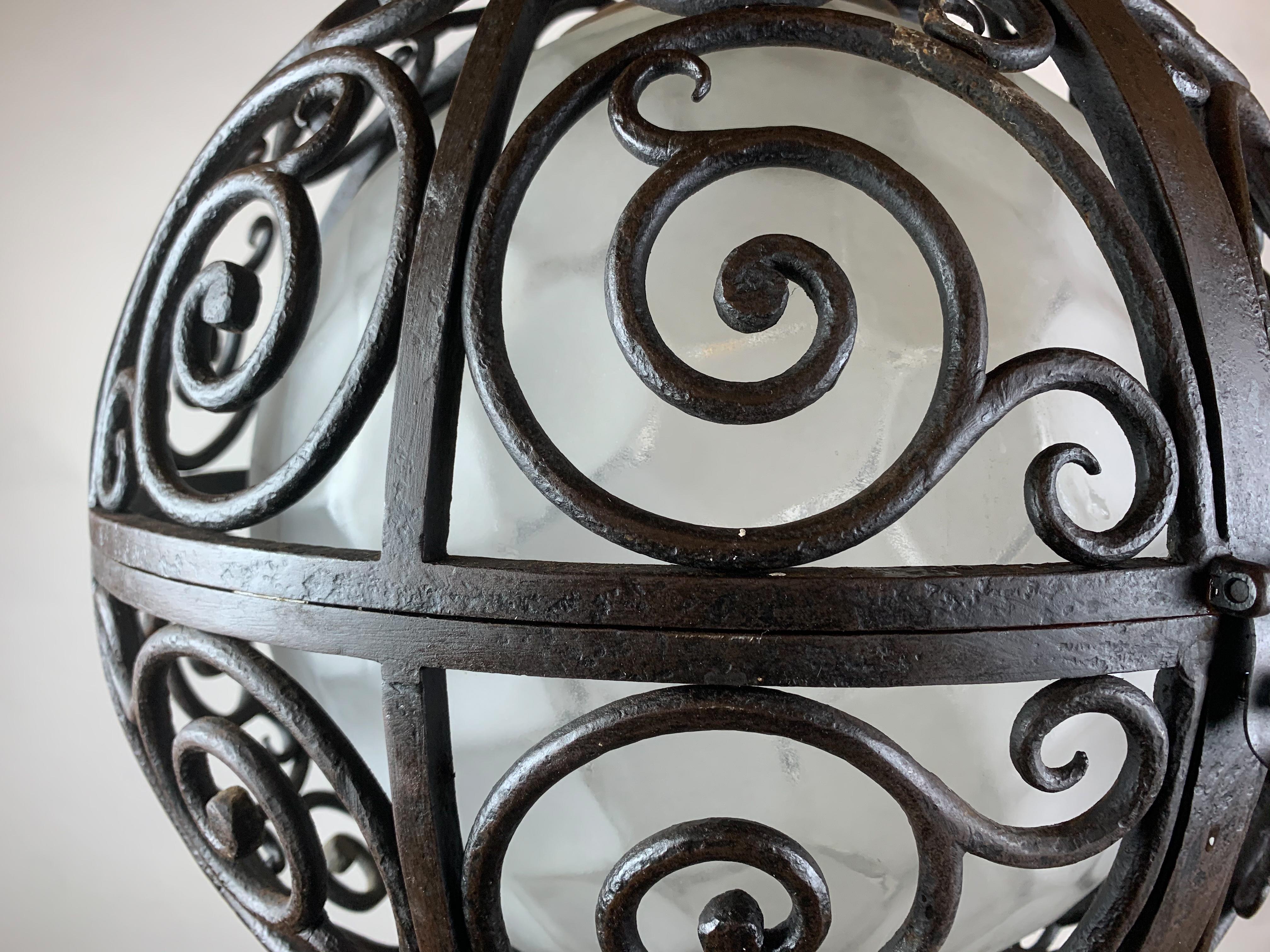 Wrought Iron Round Suspension with Interior Glass Sphere, C.1930 13