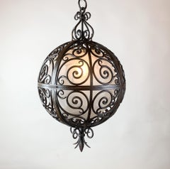 Wrought Iron Round Suspension with Interior Glass Sphere, C.1930