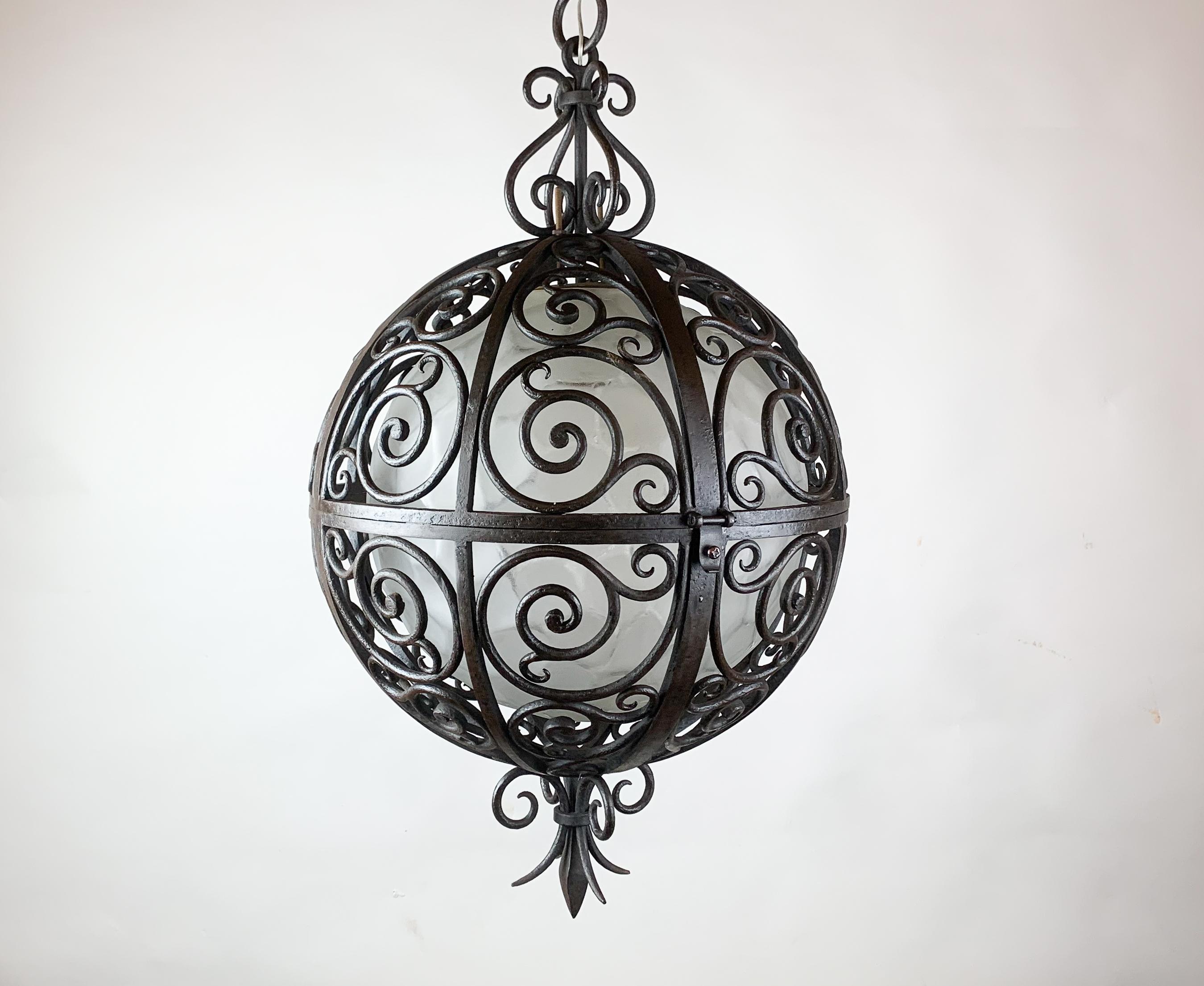 Wrought Iron Round Suspension with Interior Glass Sphere, C.1930 For Sale 15