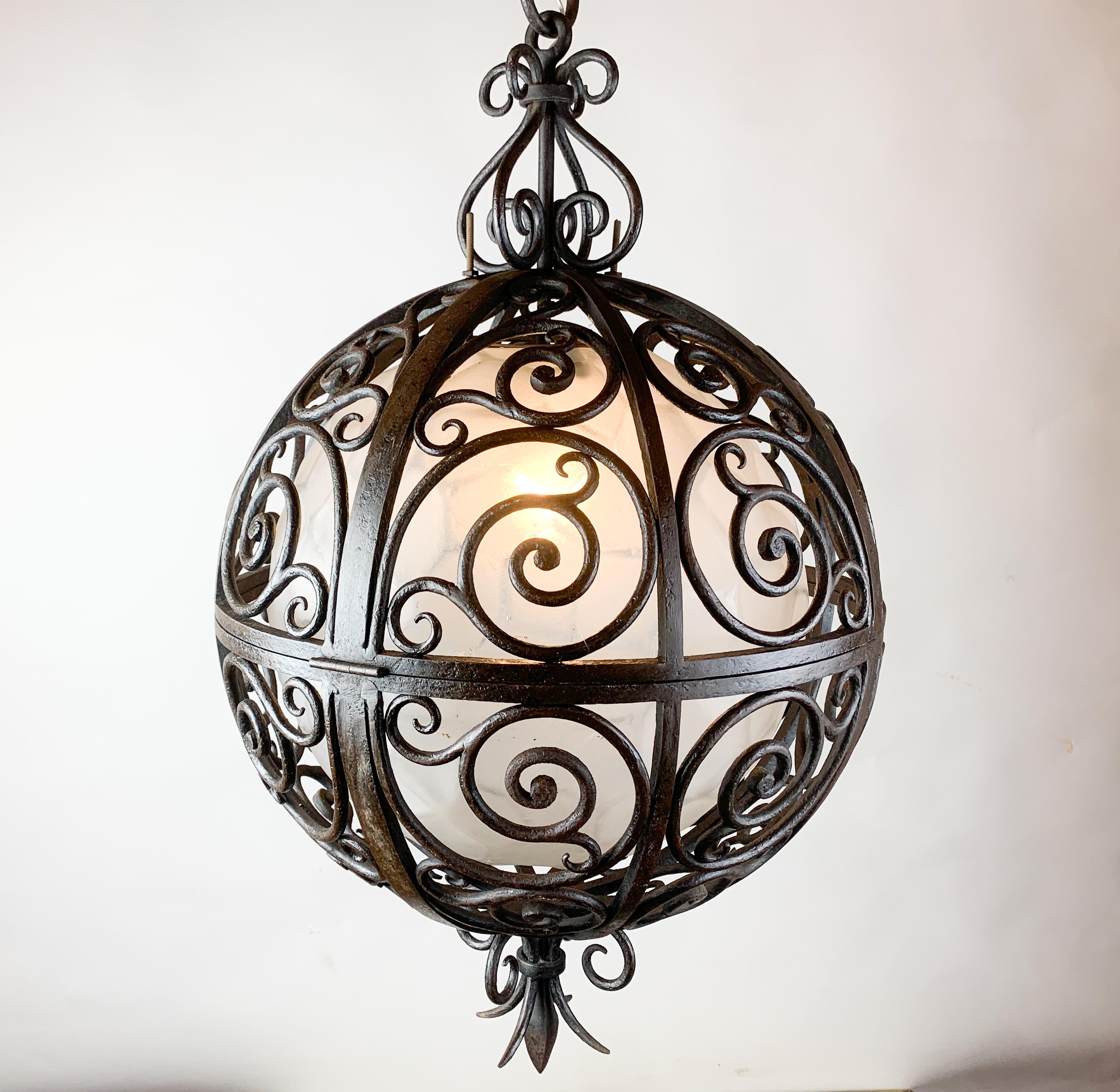 Wrought Iron Round Suspension with Interior Glass Sphere, C.1930 In Good Condition For Sale In Brussels, BE
