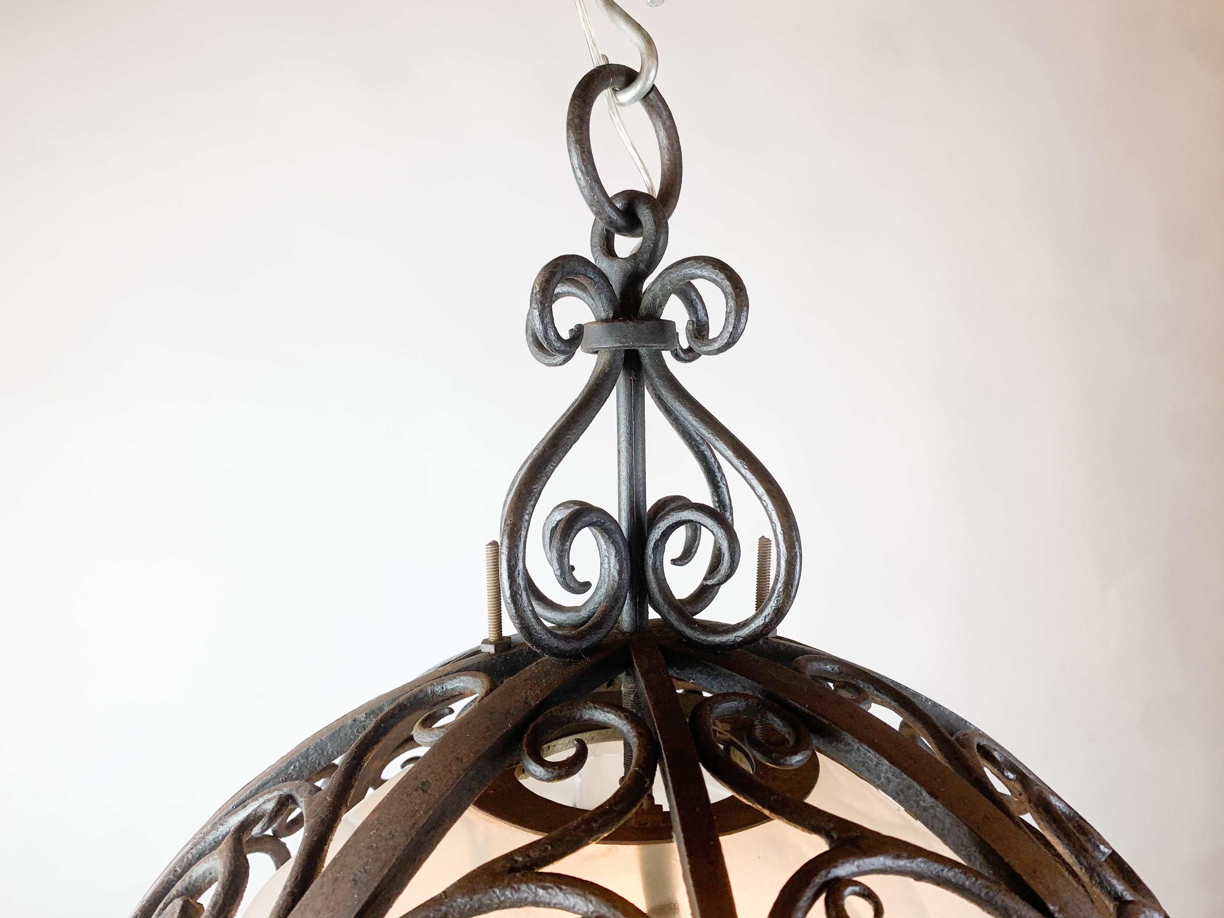 Wrought Iron Round Suspension with Interior Glass Sphere, C.1930 For Sale 1