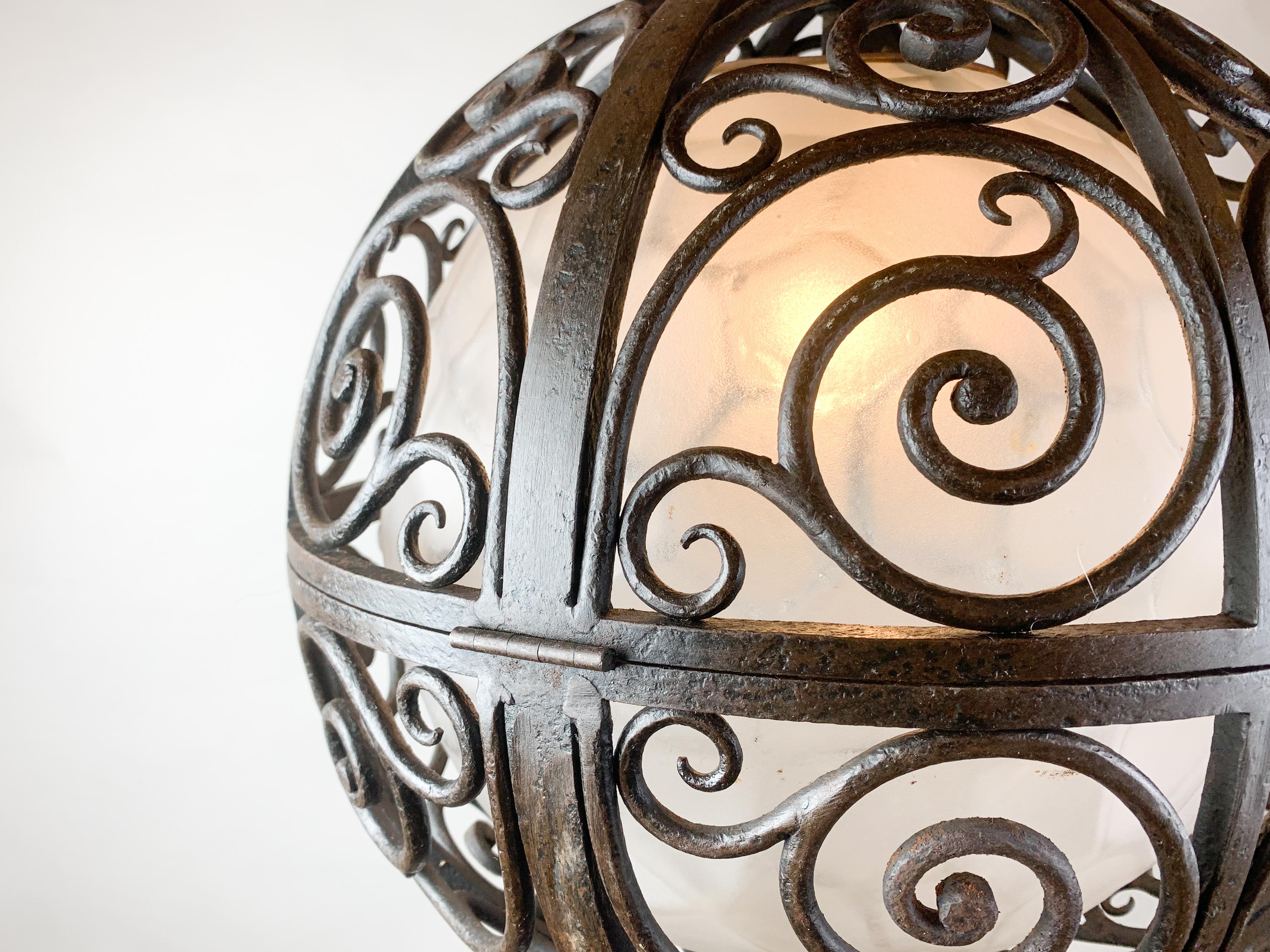 Wrought Iron Round Suspension with Interior Glass Sphere, C.1930 For Sale 2